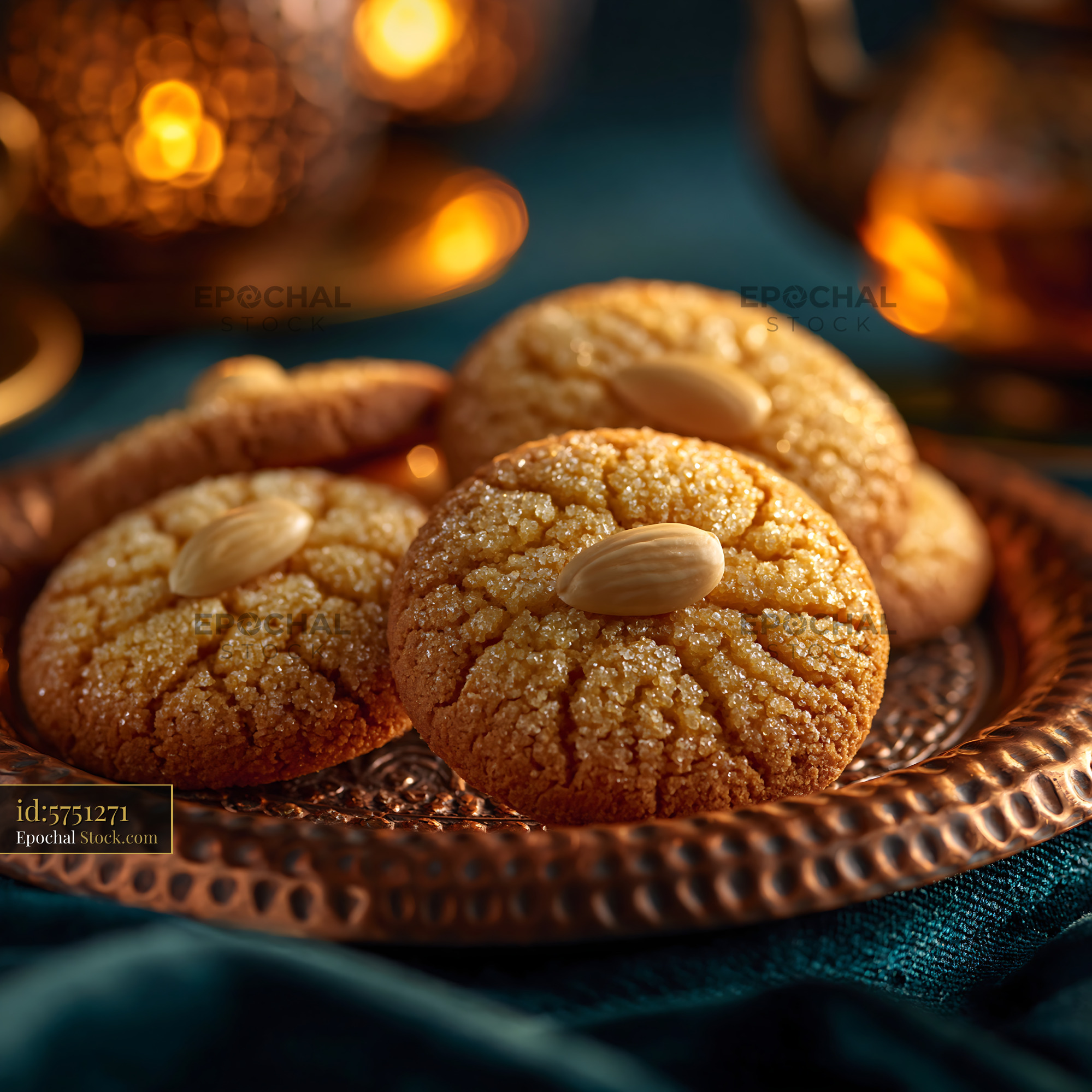 Acibadem kurabiyesi biscuits on a copper tray with warm tea bokeh - stock photo