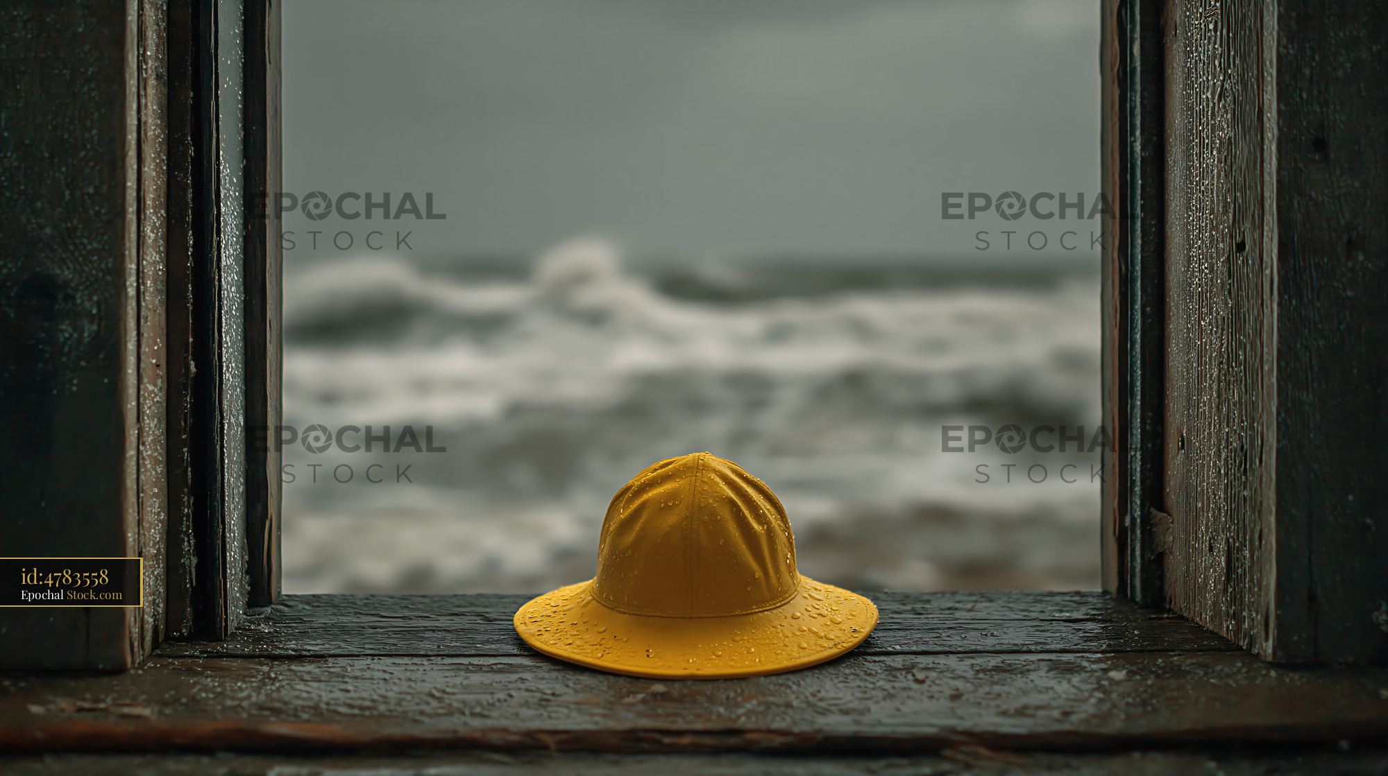 Yellow rain hat on weathered windowsill overlooking a stormy winter se - stock photo