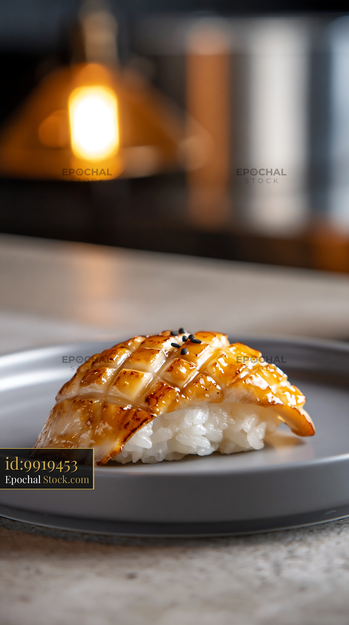 King oyster mushroom sushi nigiri with glazed topping on a grey plate - stock photo