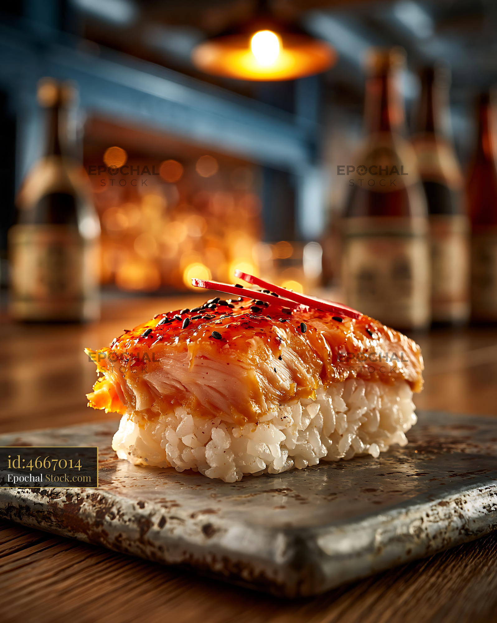 Jackfruit nigiri sushi on a rustic stone plate in a cozy bar setting - stock photo
