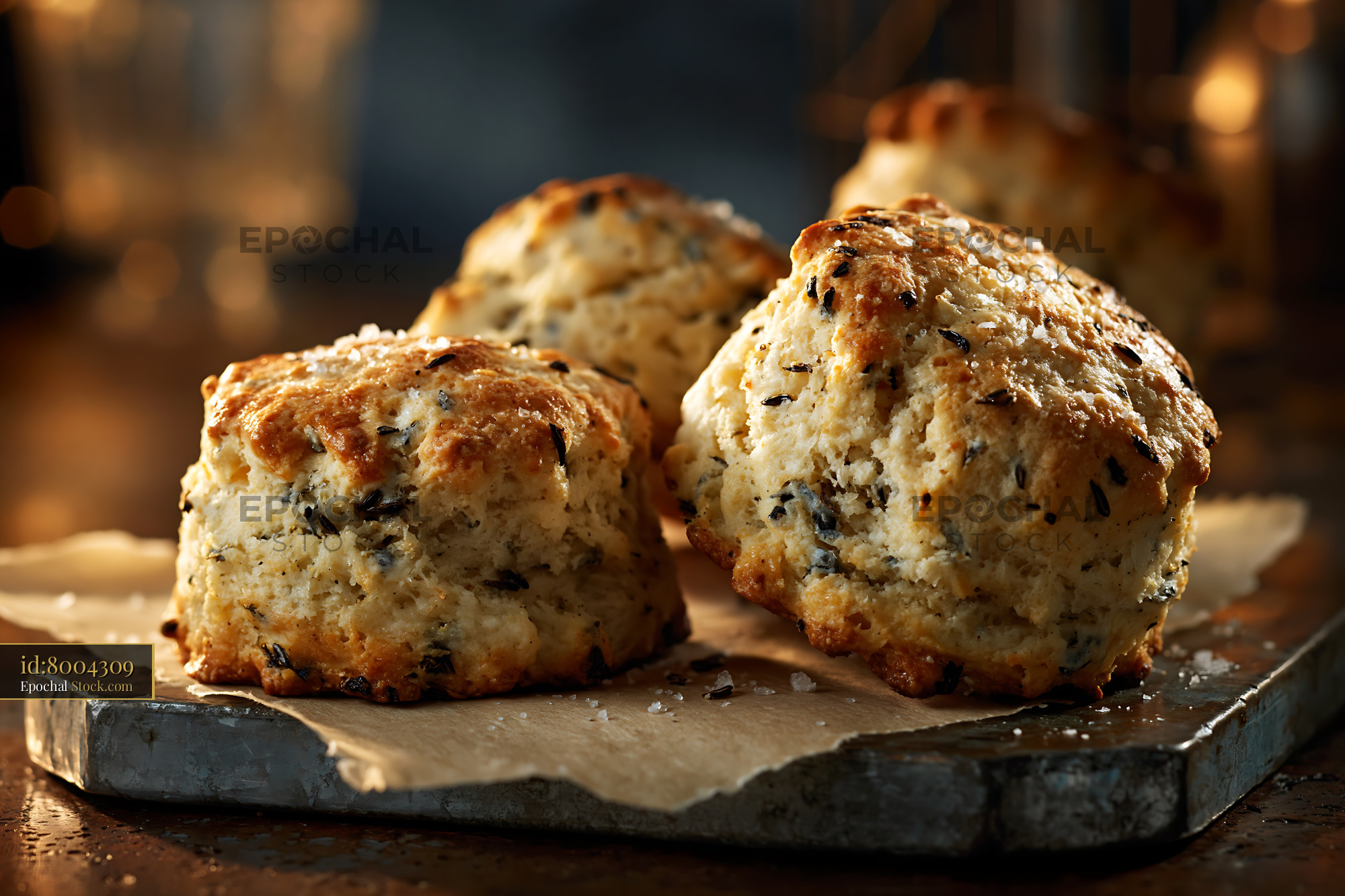 Freshly baked caraway seed biscuits with sea salt on rustic paper - stock photo