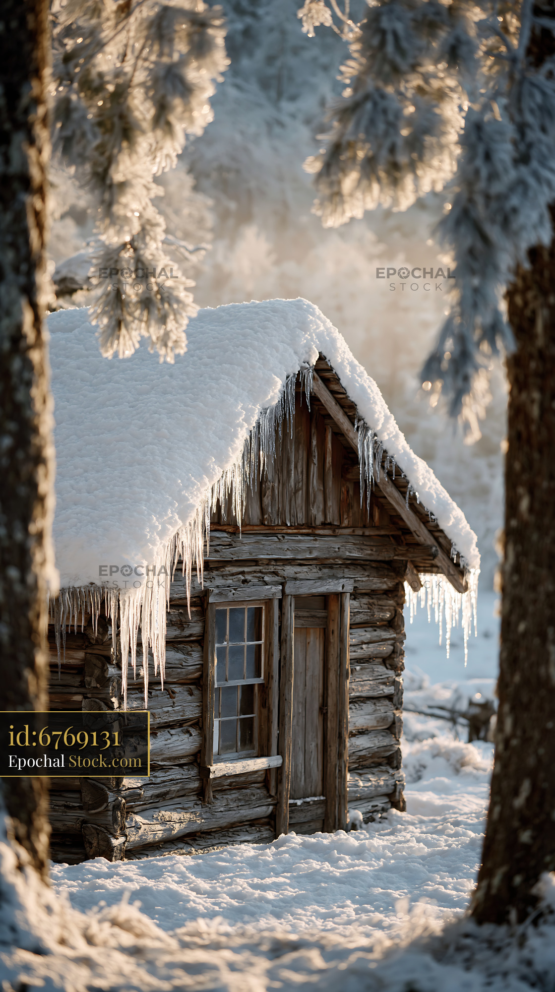 Rustic snow covered empty cabin in a frozen winter forest - stock photo