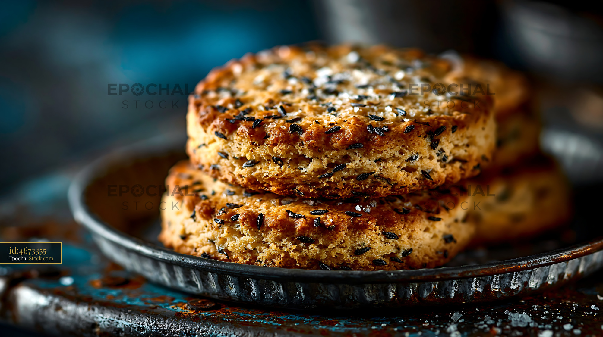 Stack of caraway seed biscuits with sea salt on a rustic metal plate - stock photo