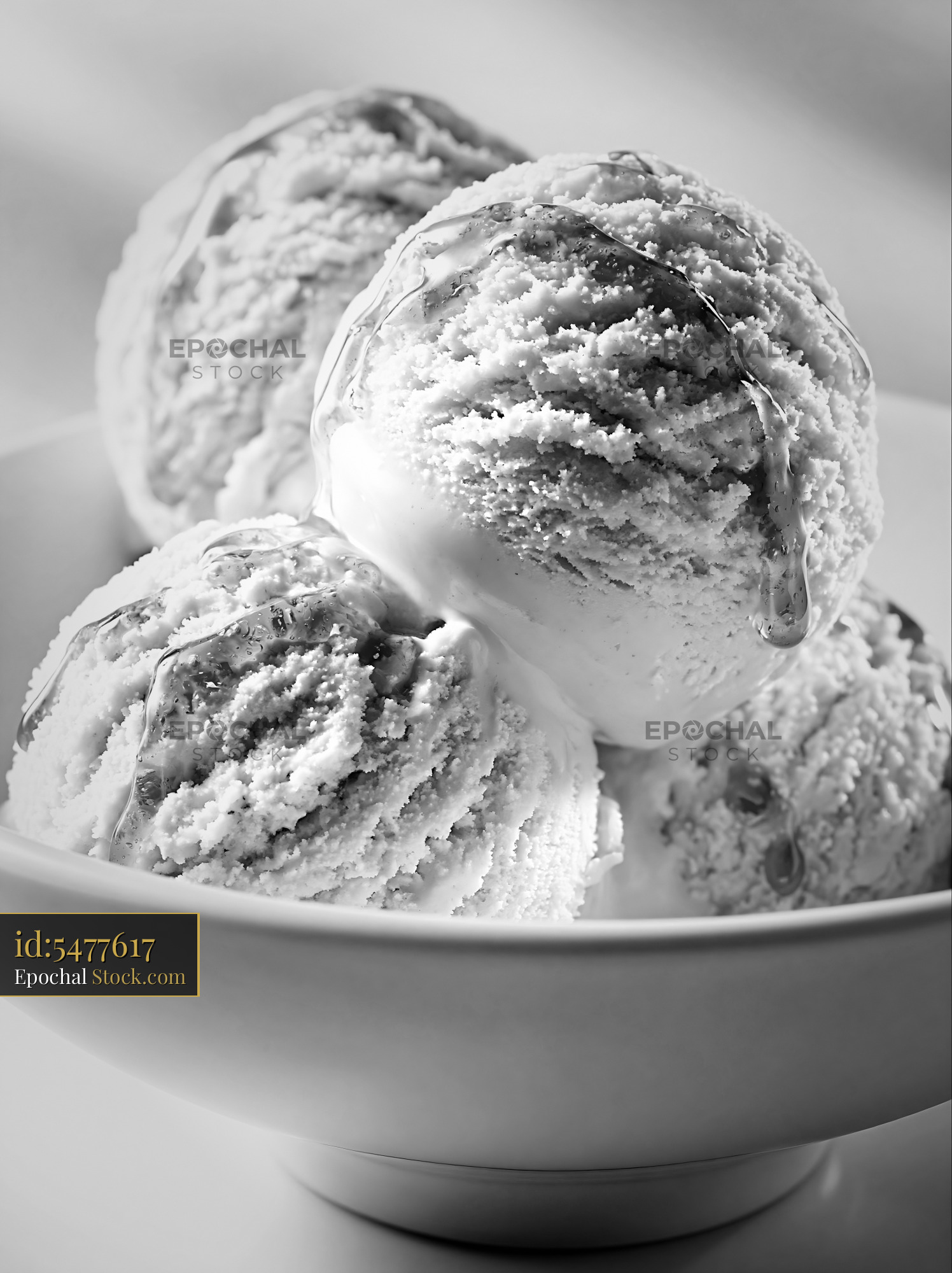 Chestnut honey ice cream scoops with drizzled syrup in a white bowl - stock photo