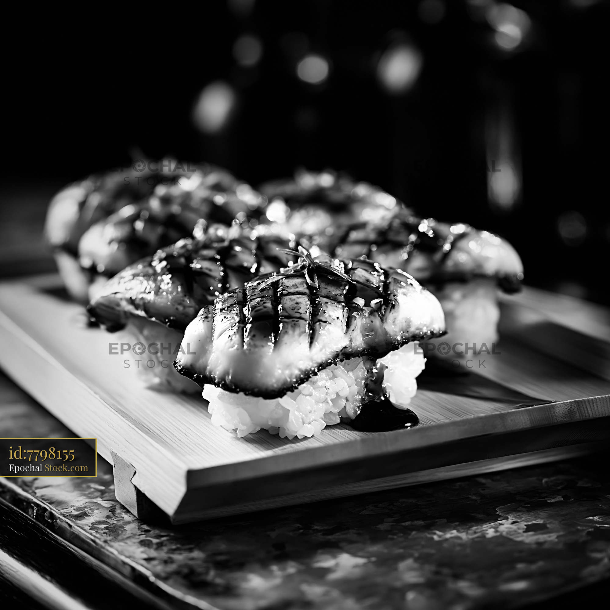 King oyster mushroom sushi nigiri served on a wooden board - stock photo