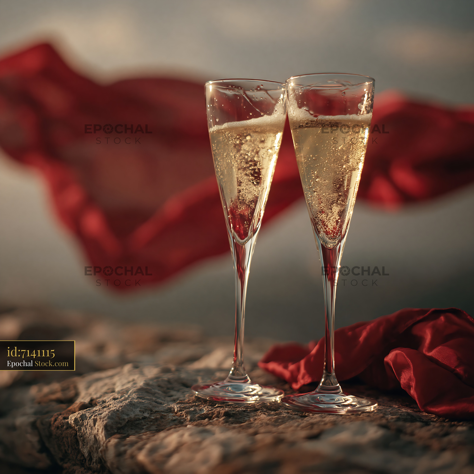 Two glasses of sparkling wine on a stone terrace at sunset - stock photo