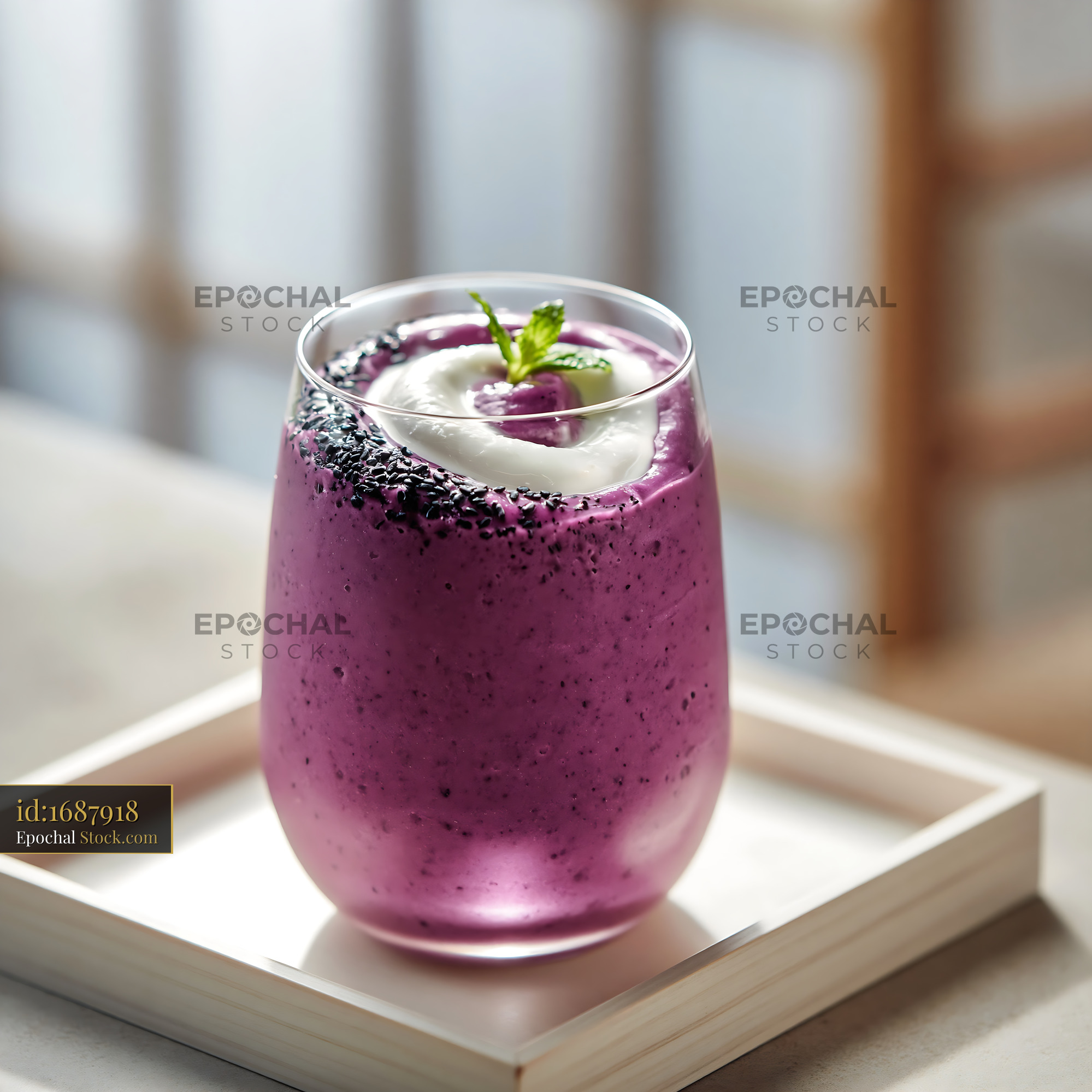Purple sweet potato smoothie with cream and black sesame seeds - stock photo