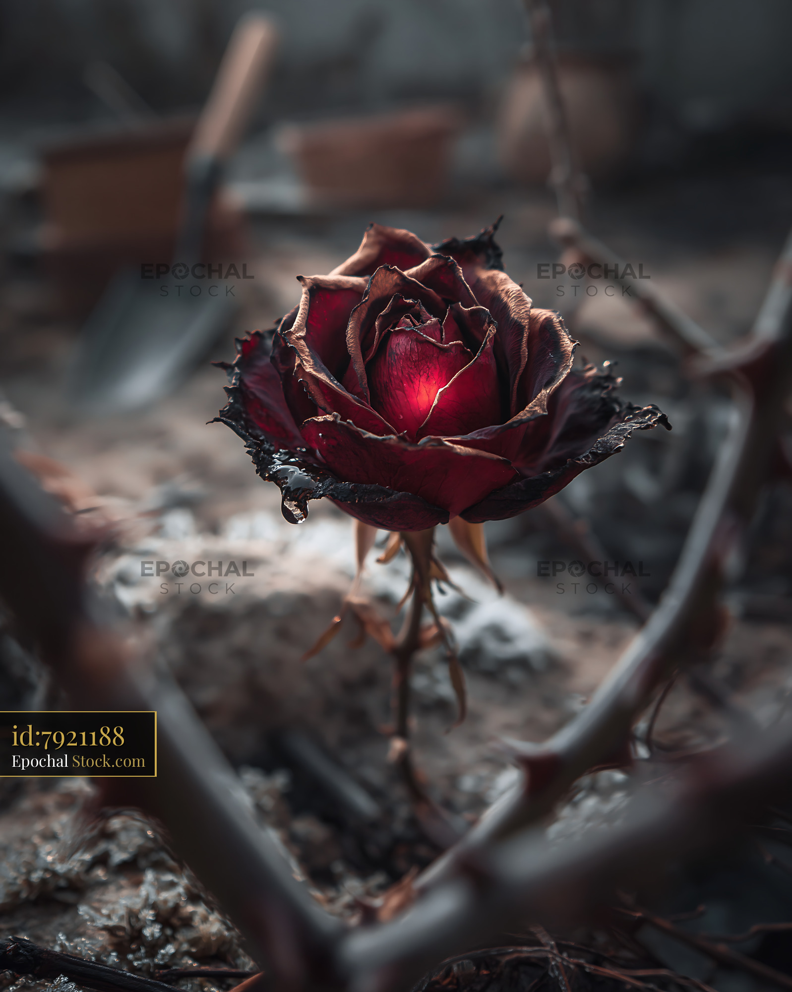 Single withered red rose with charred petals in a dark garden - stock photo