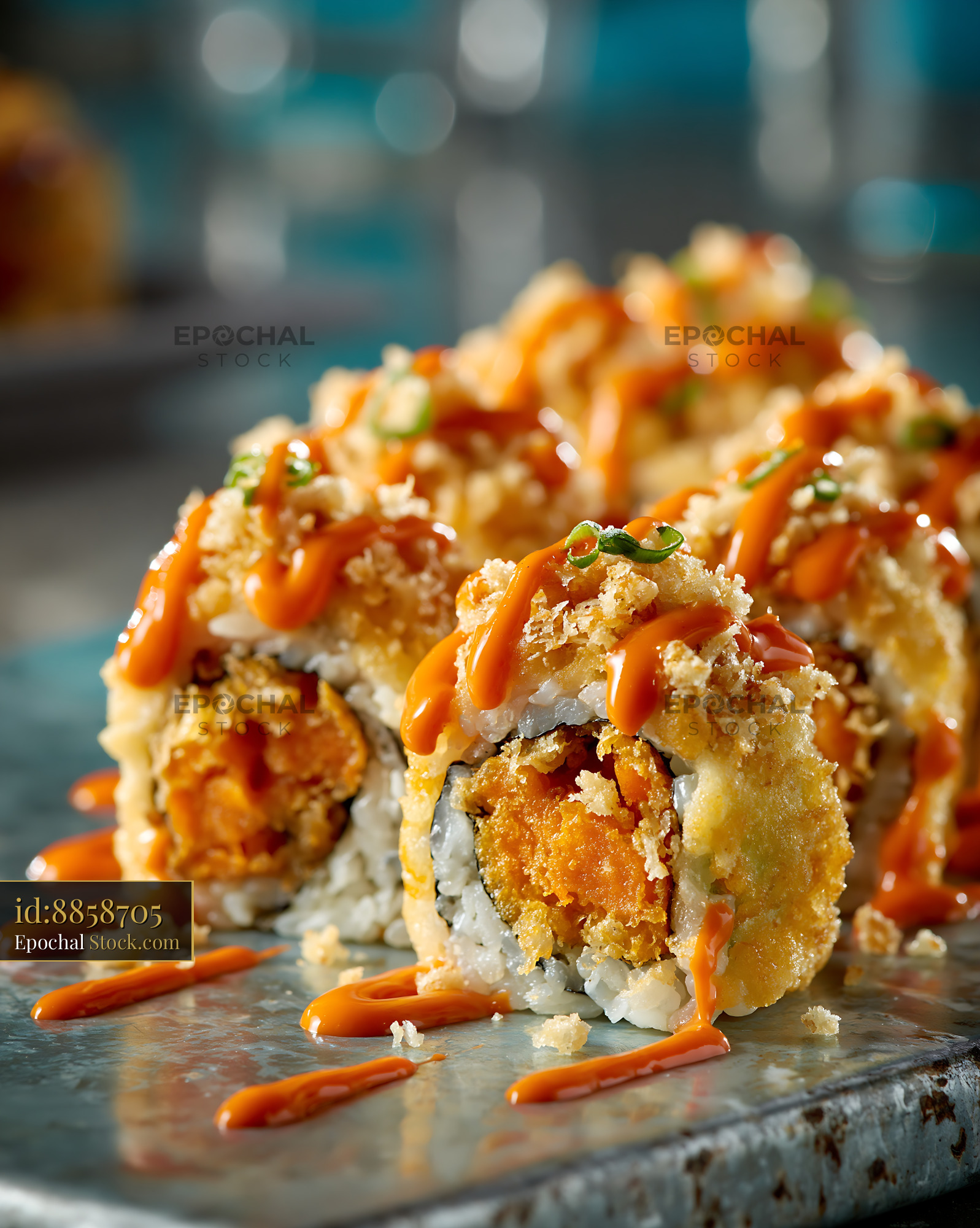 Sweet potato crunch sushi rolls with spicy sauce and tempura flakes - stock photo