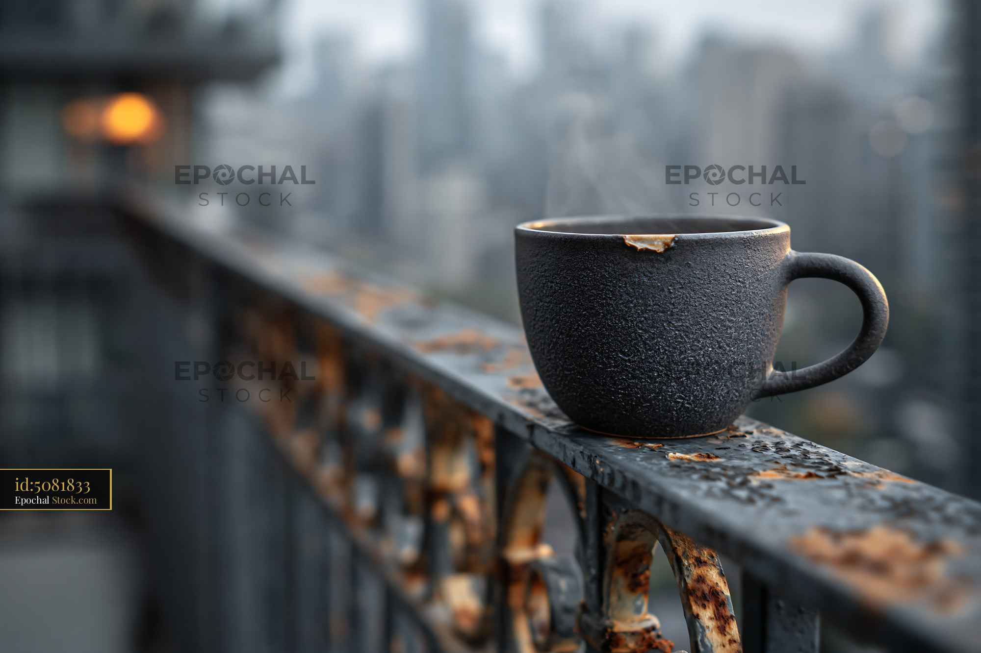 Steaming coffee cup on a rusty balcony railing with city view - stock photo