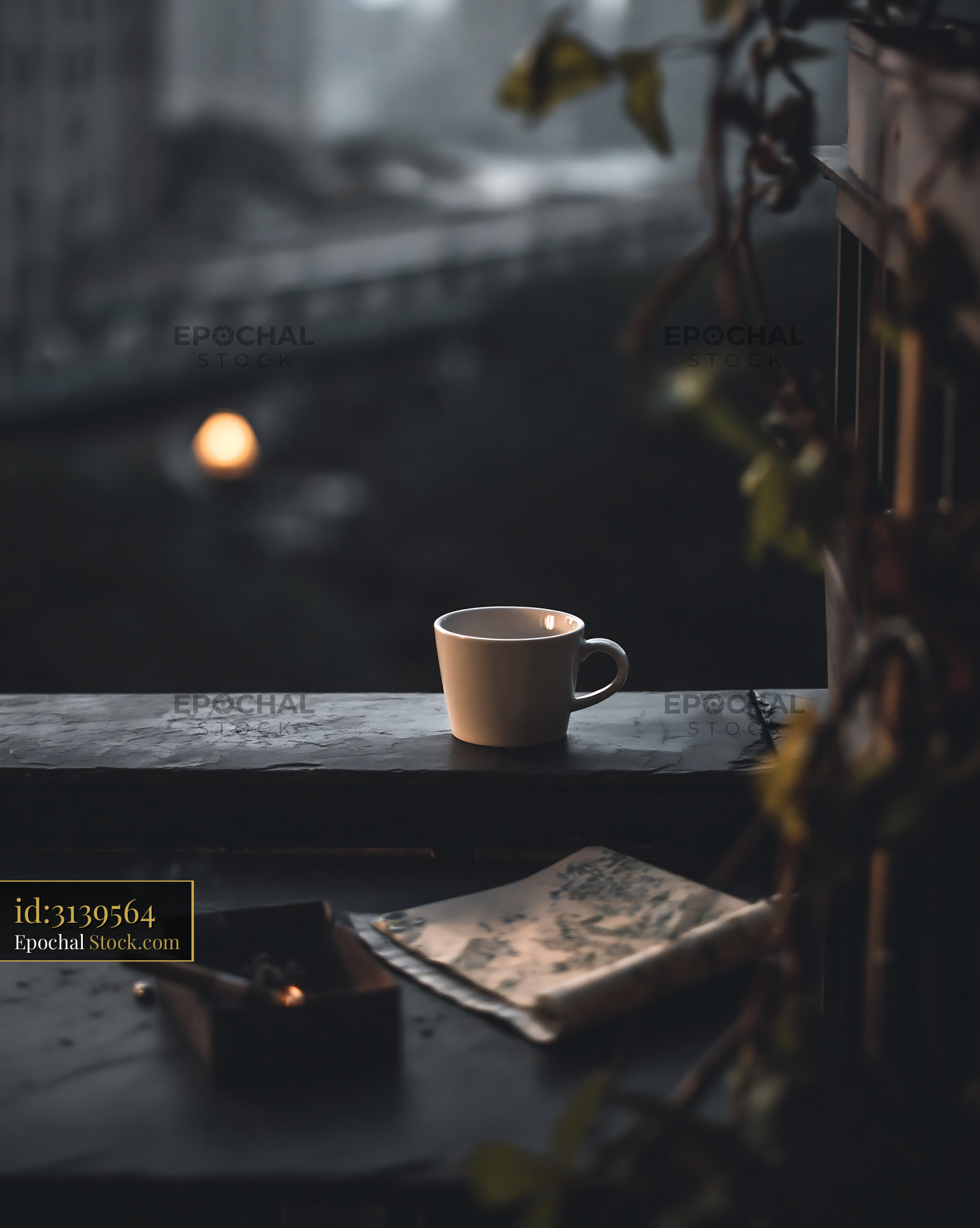 White coffee cup and ashtray on a dark balcony with city bokeh - stock photo