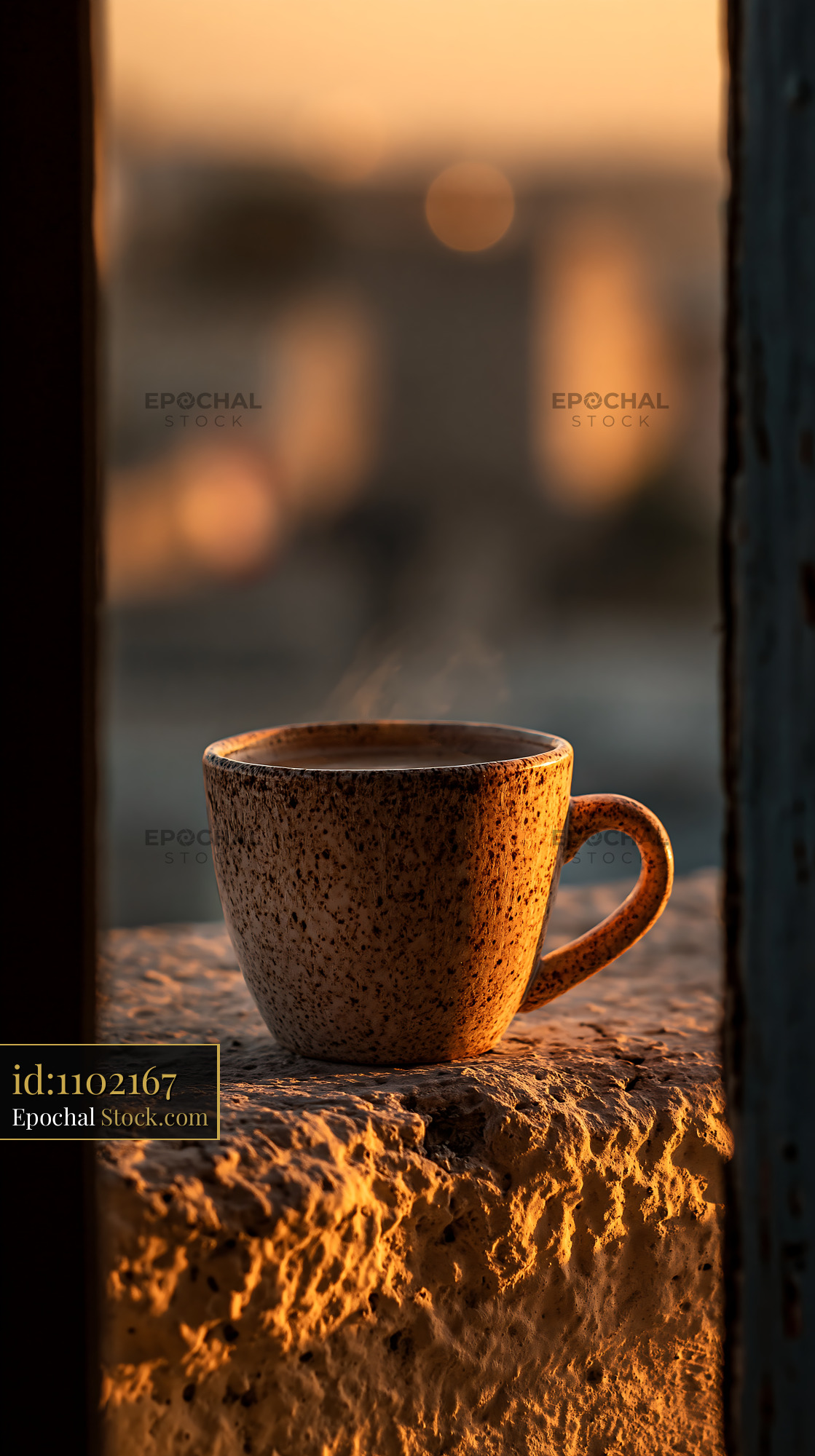Steaming coffee cup on stone balcony at sunset with city view - stock photo