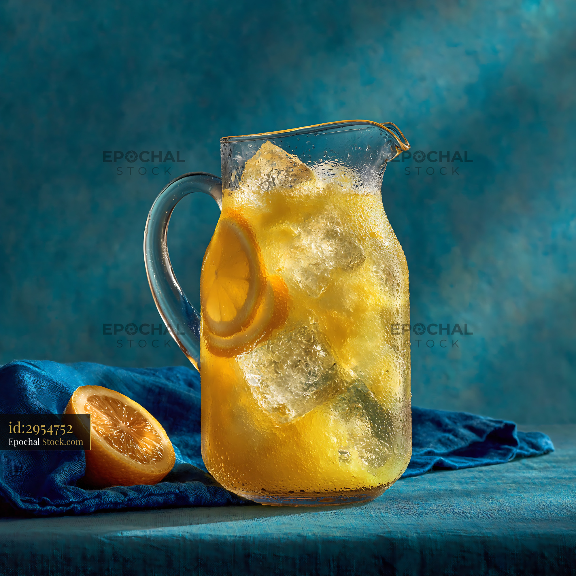 Refreshing lemonade pitcher with ice cubes on blue background - stock photo