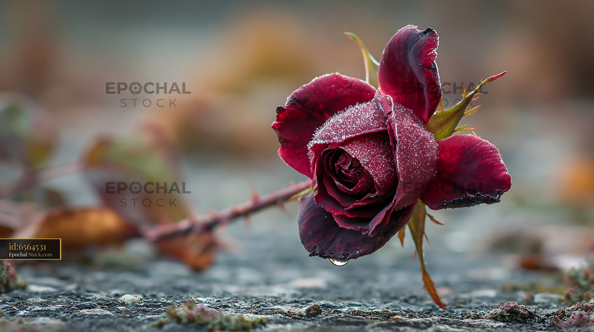 Last rose of summer covered in frost on cold stone ground - stock photo