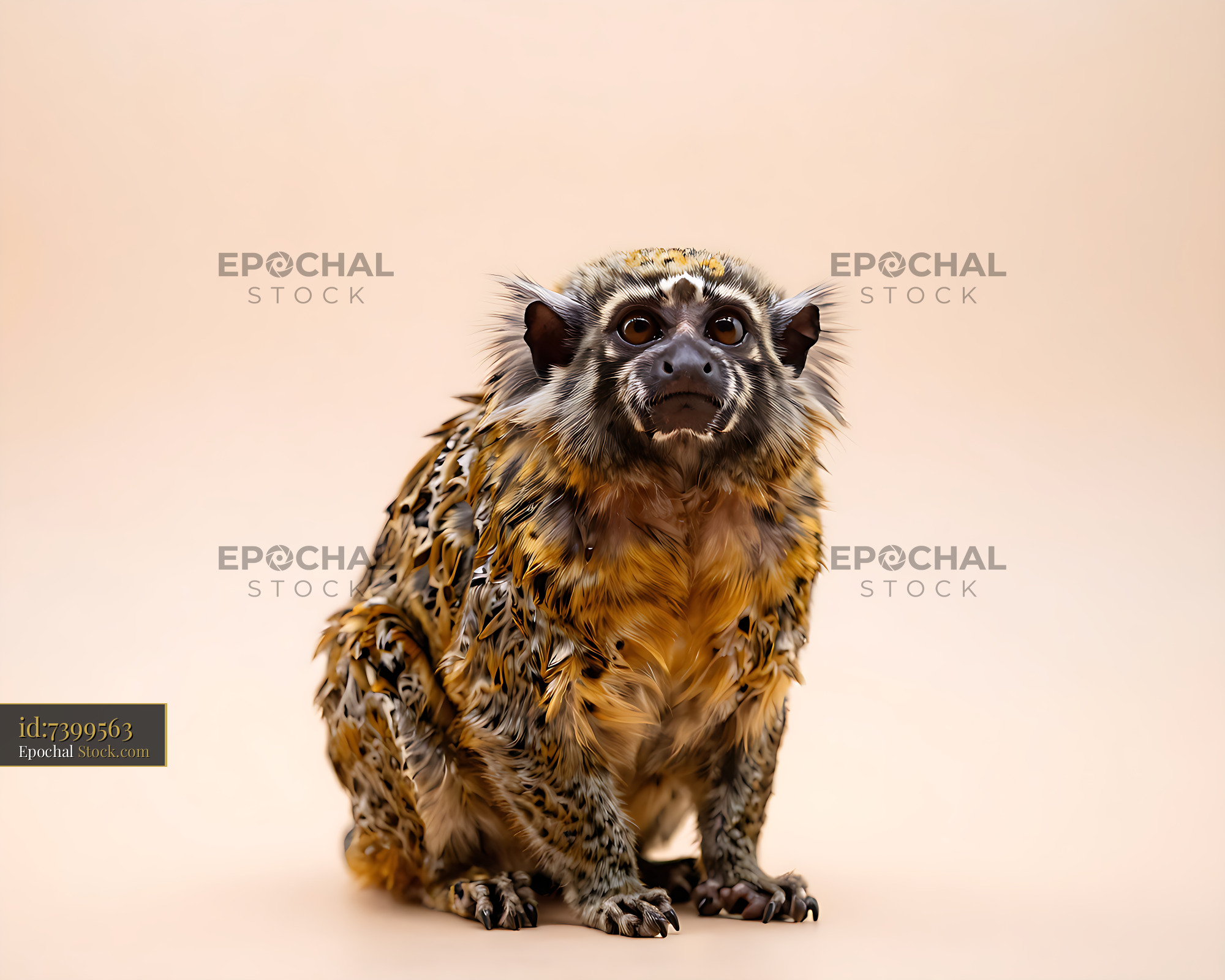 Pygmy marmoset sitting against a neutral background looking upward - stock photo