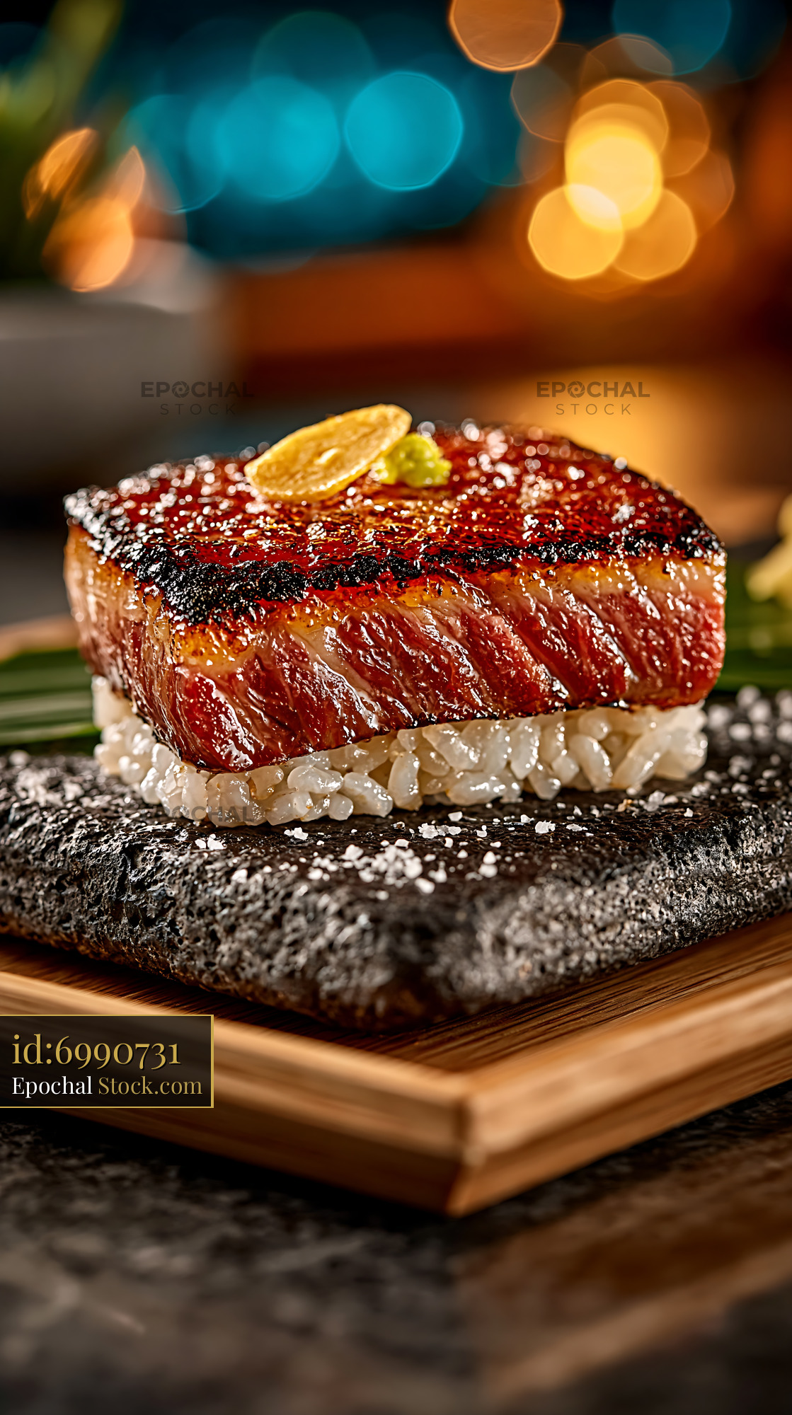 Seared aburi wagyu sushi with garlic chip on stone plate - stock photo