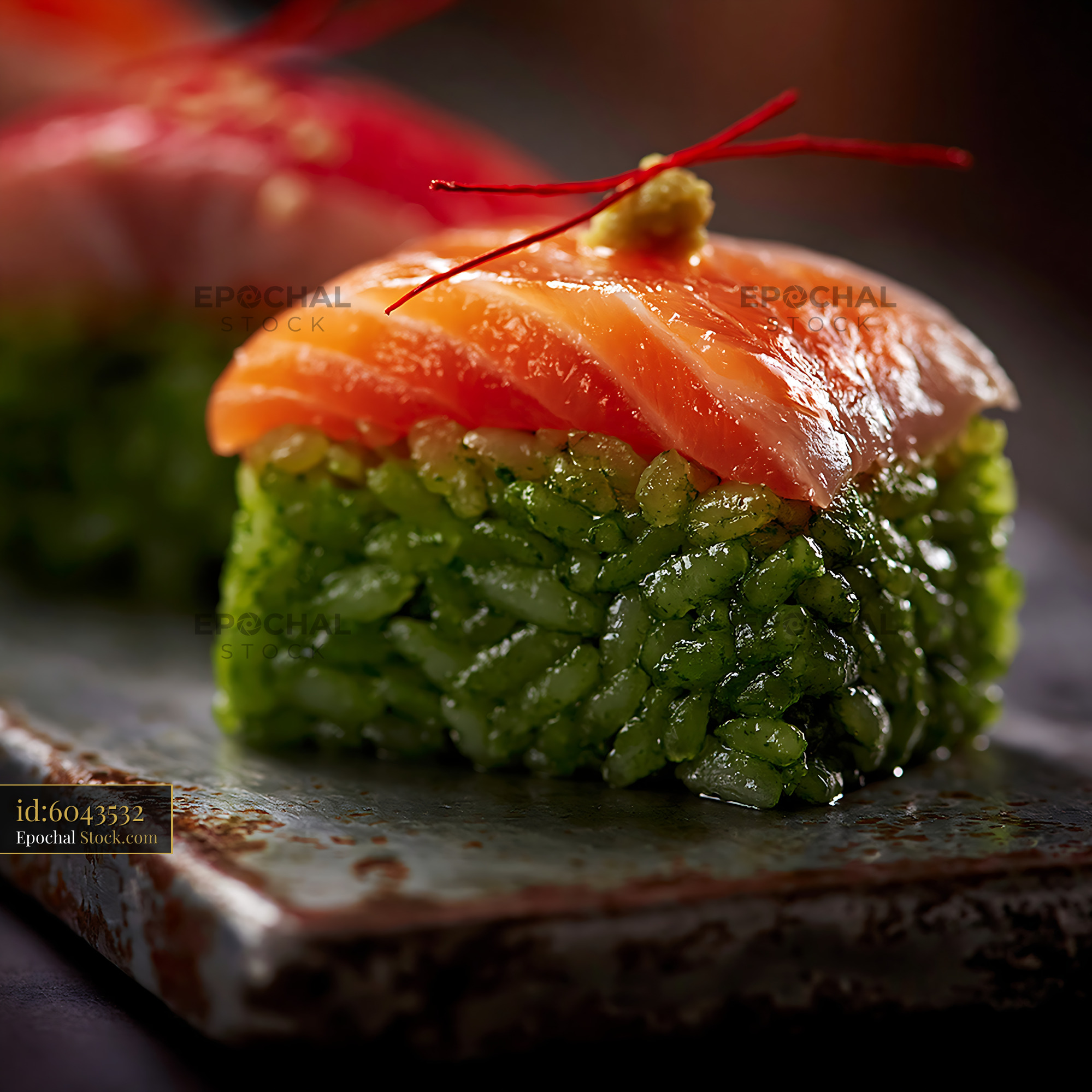 Gourmet salmon nigiri sushi with matcha infused green rice - stock photo