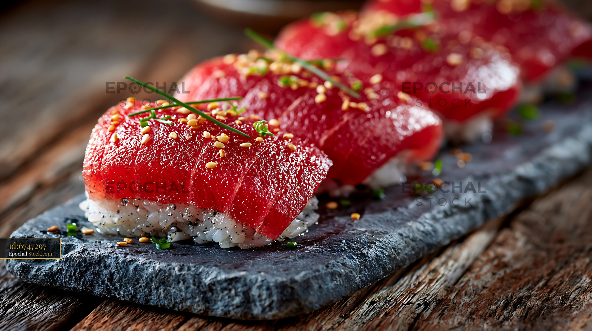 Vegan watermelon tuna sushi nigiri served on a rustic slate platter - stock photo