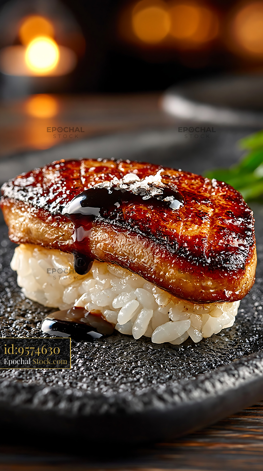Foie gras nigiri sushi with balsamic glaze and sea salt - stock photo