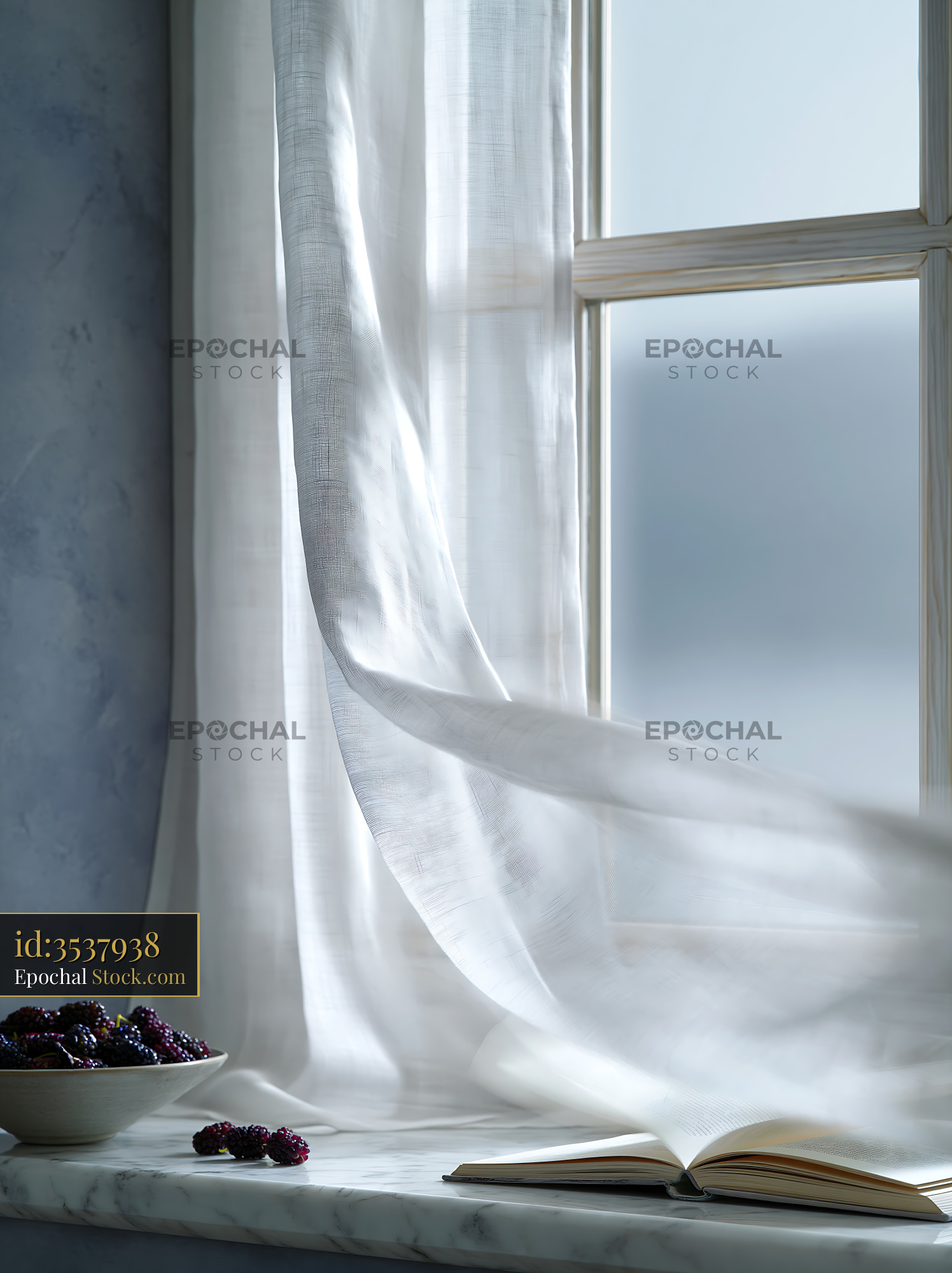 White linen curtains blowing in a gentle breeze by an open window - stock photo