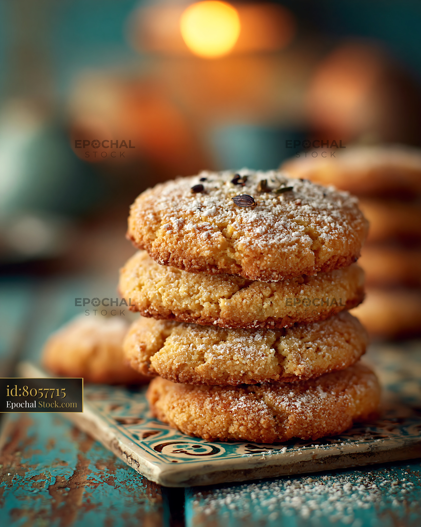Stack of cardamom chickpea biscuits with powdered sugar on a tile - stock photo