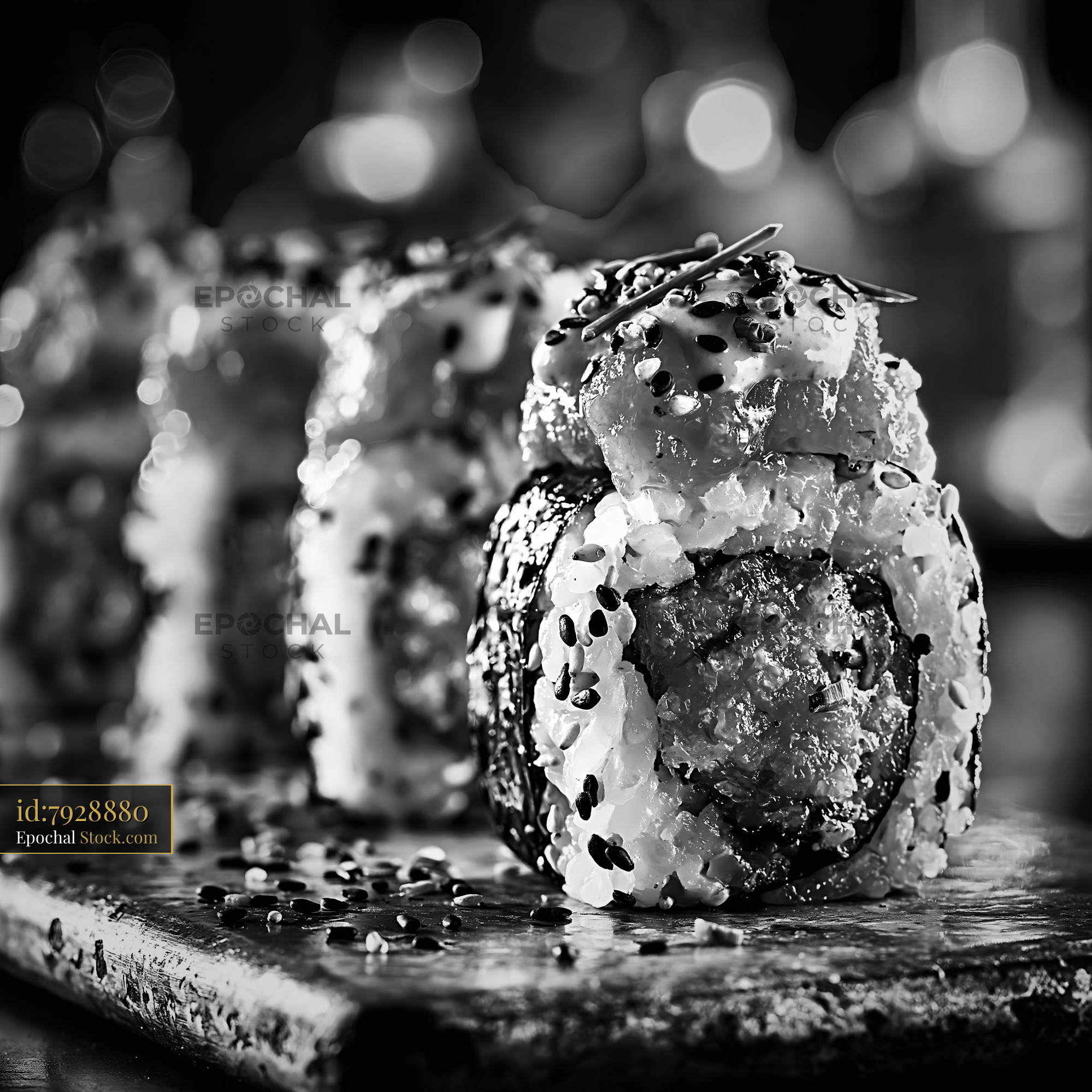 Sriracha mayo tuna sushi rolls in black and white on wooden board - stock photo