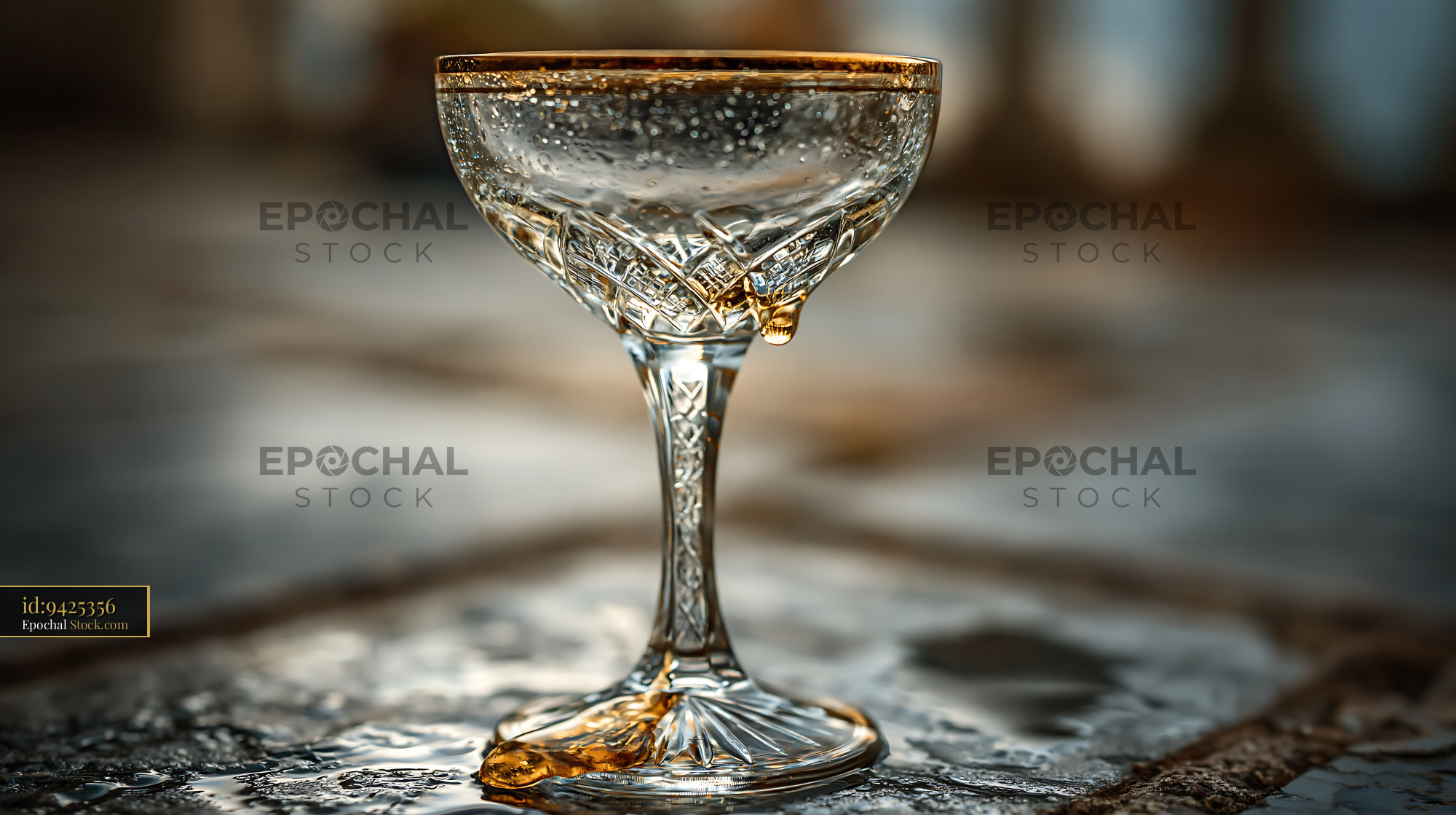Empty ornate crystal champagne glass with gold rim on wet stone - stock photo