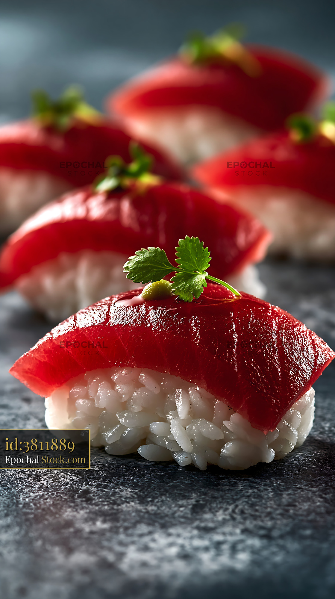 Vegan watermelon tuna sushi nigiri on a dark stone surface - stock photo