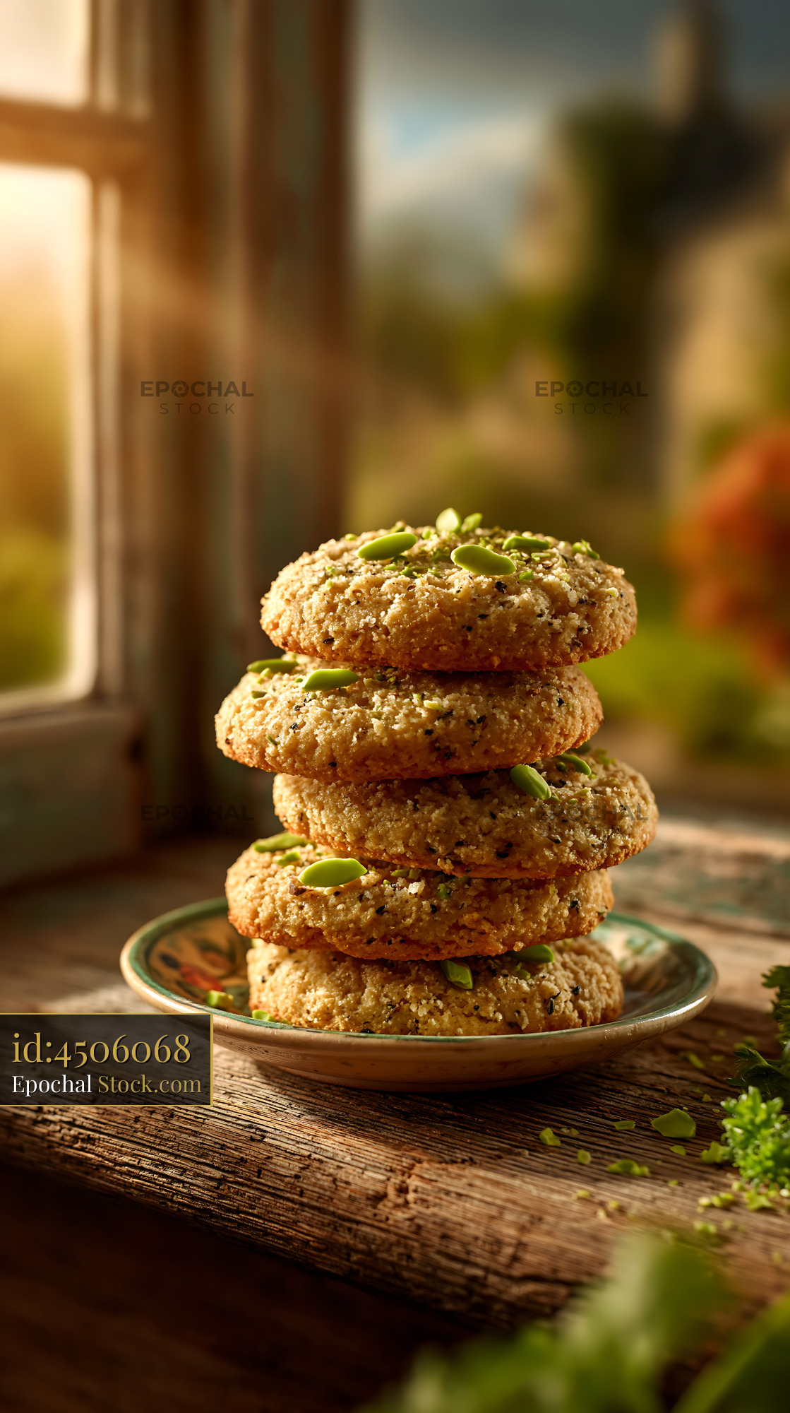 Stack of pistachio maamoul biscuits on a rustic wooden windowsill - stock photo