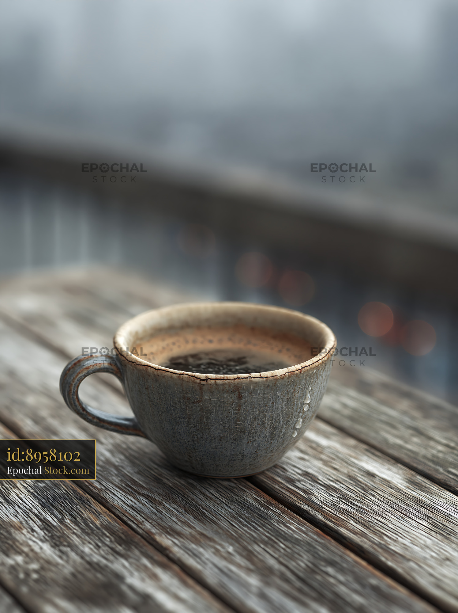 Ceramic coffee cup on weathered wooden balcony overlooking a city - stock photo