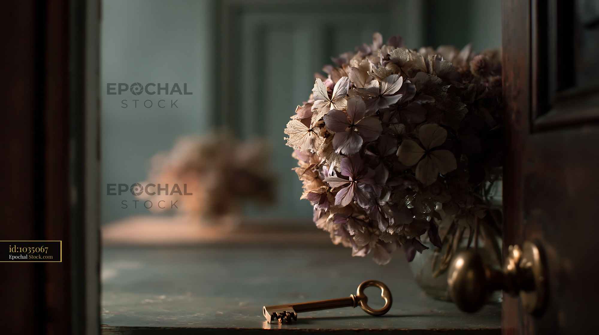 Dry hydrangea bouquet on a rustic table with a vintage brass key - stock photo