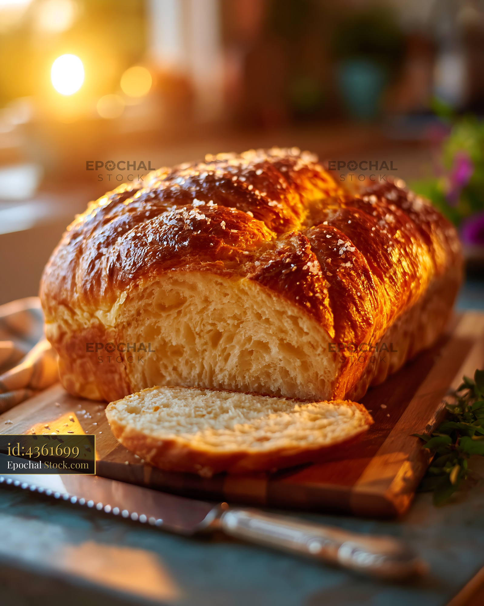 Freshly baked salt rising german bread on a wooden board at sunset - stock photo