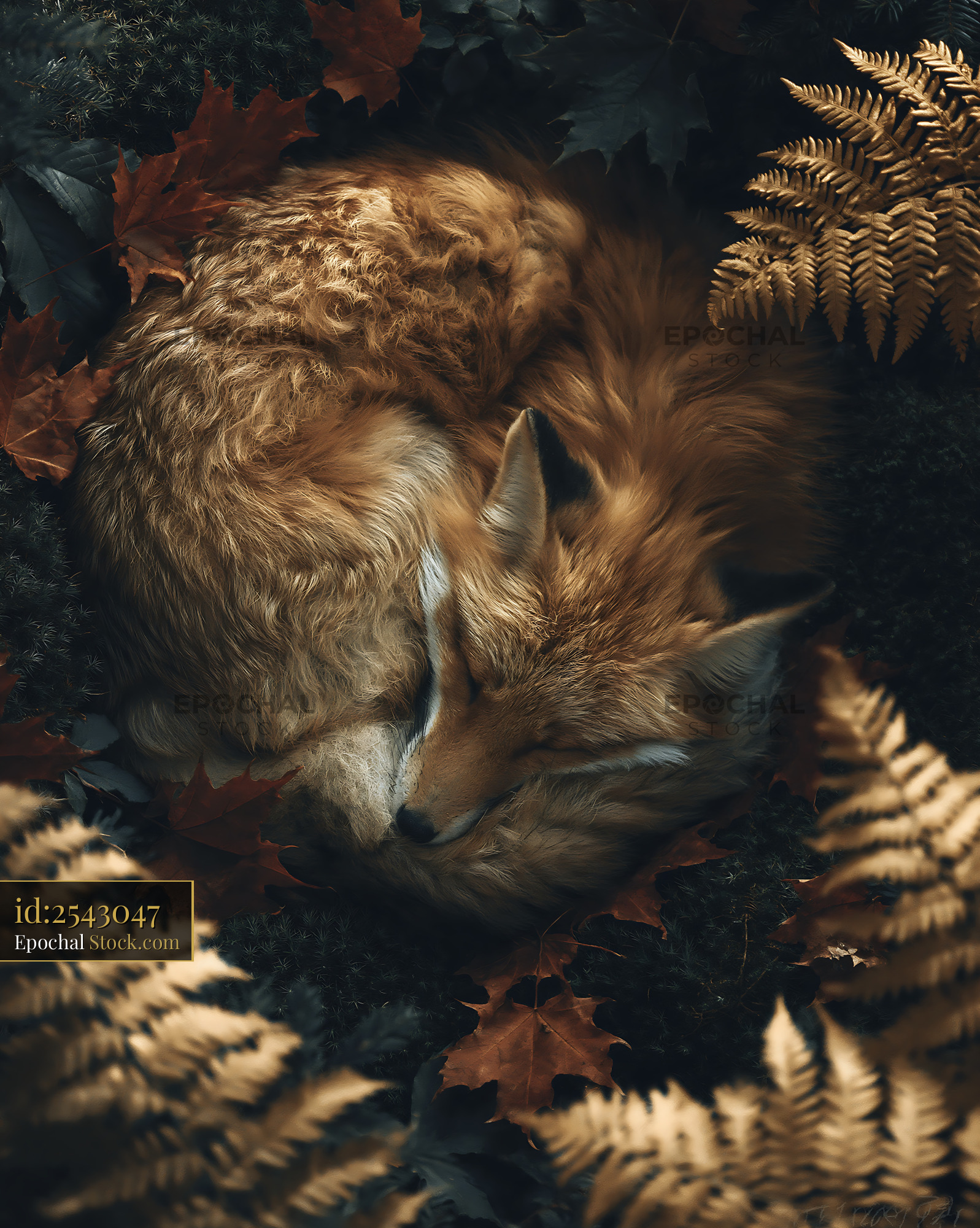 Red fox curled up sleeping on autumn forest floor - stock photo