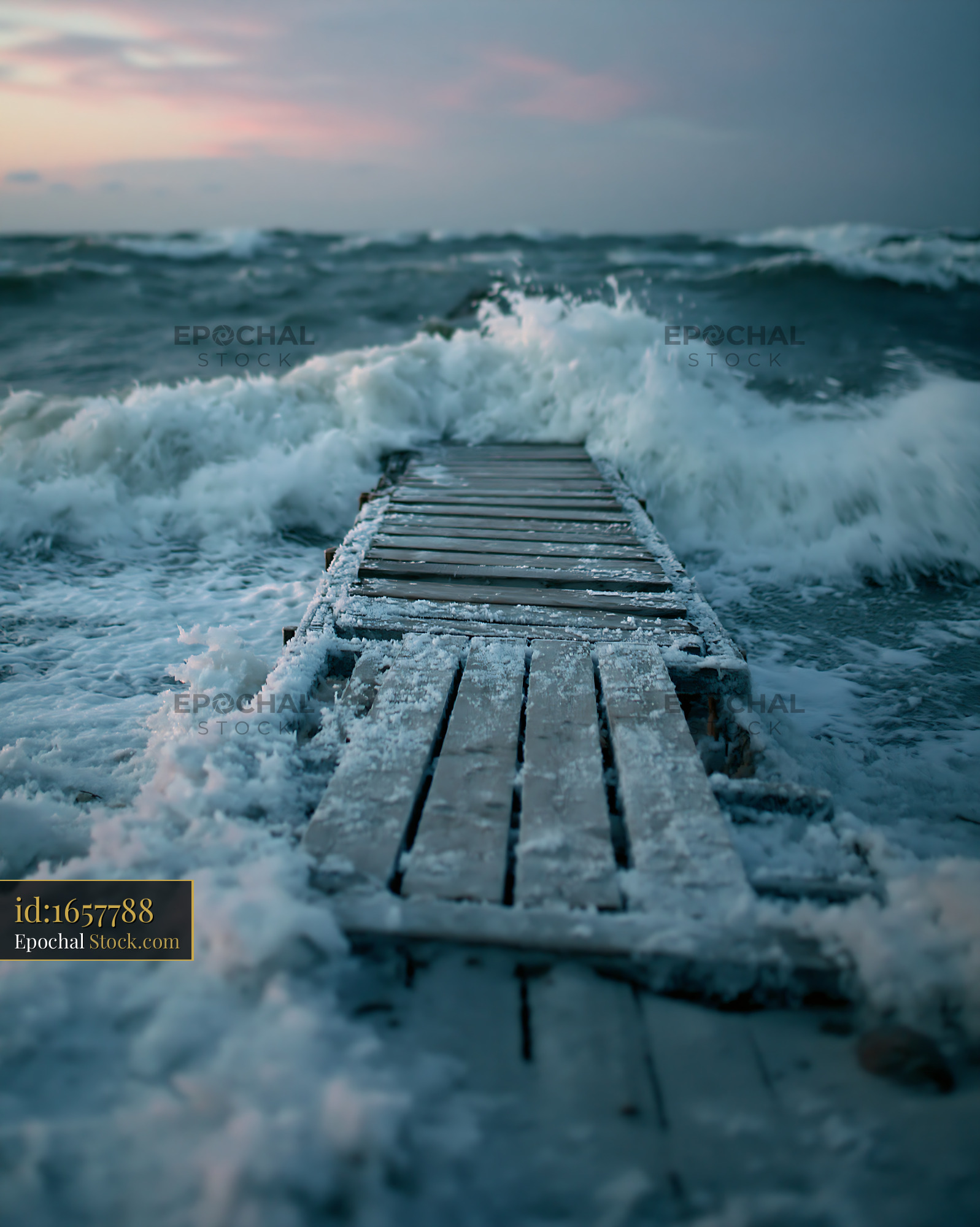 Wooden pier engulfed by crashing waves during a stormy winter dusk - stock photo