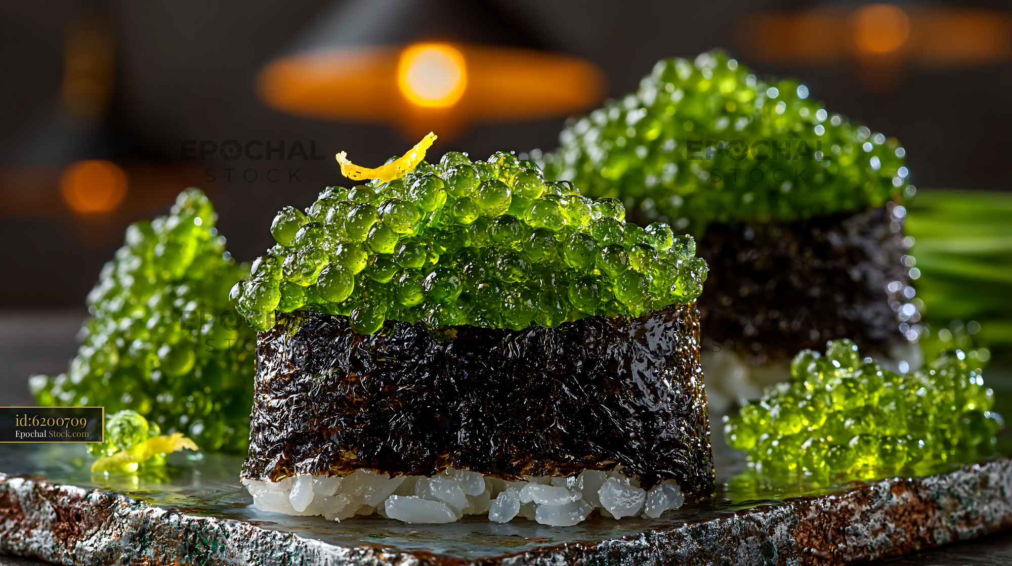 Gourmet umi budo sushi with fresh green sea grapes and nori seaweed - stock photo