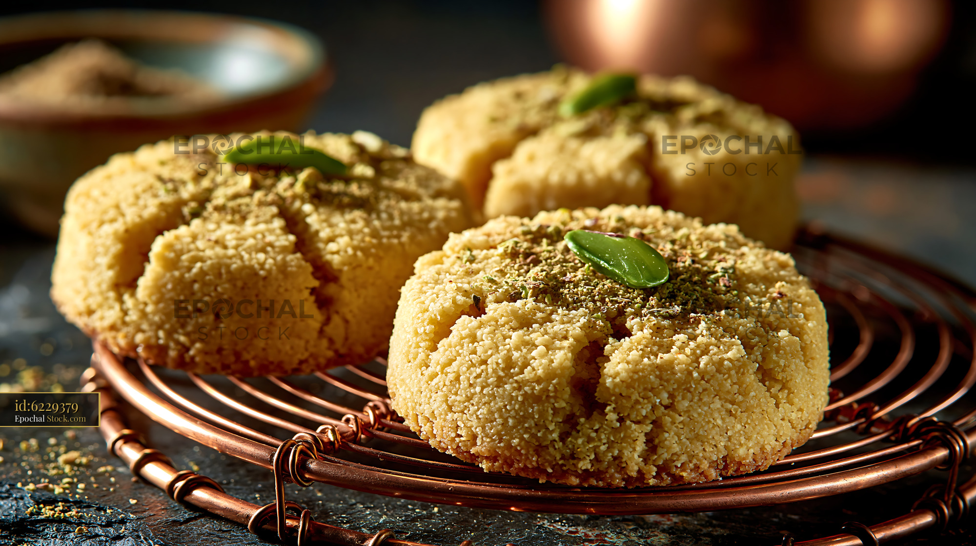 Traditional cardamom chickpea biscuits topped with pistachios - stock photo