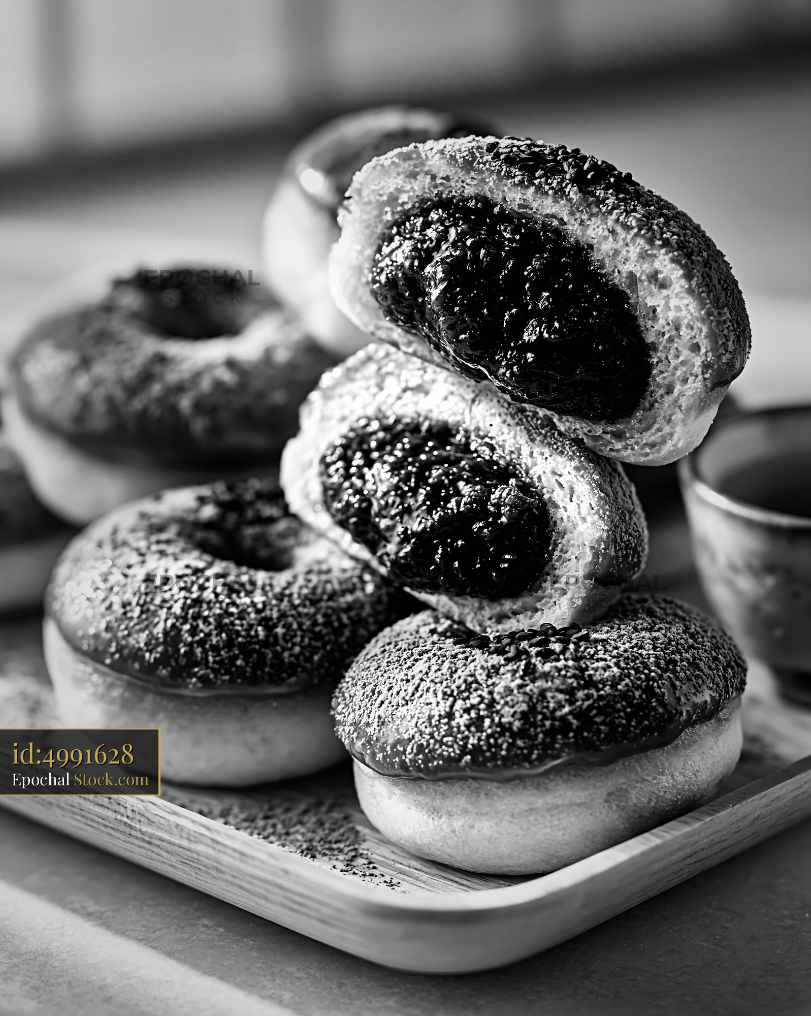 Matcha anko filled donuts with sweet red bean paste and sesame seeds - stock photo