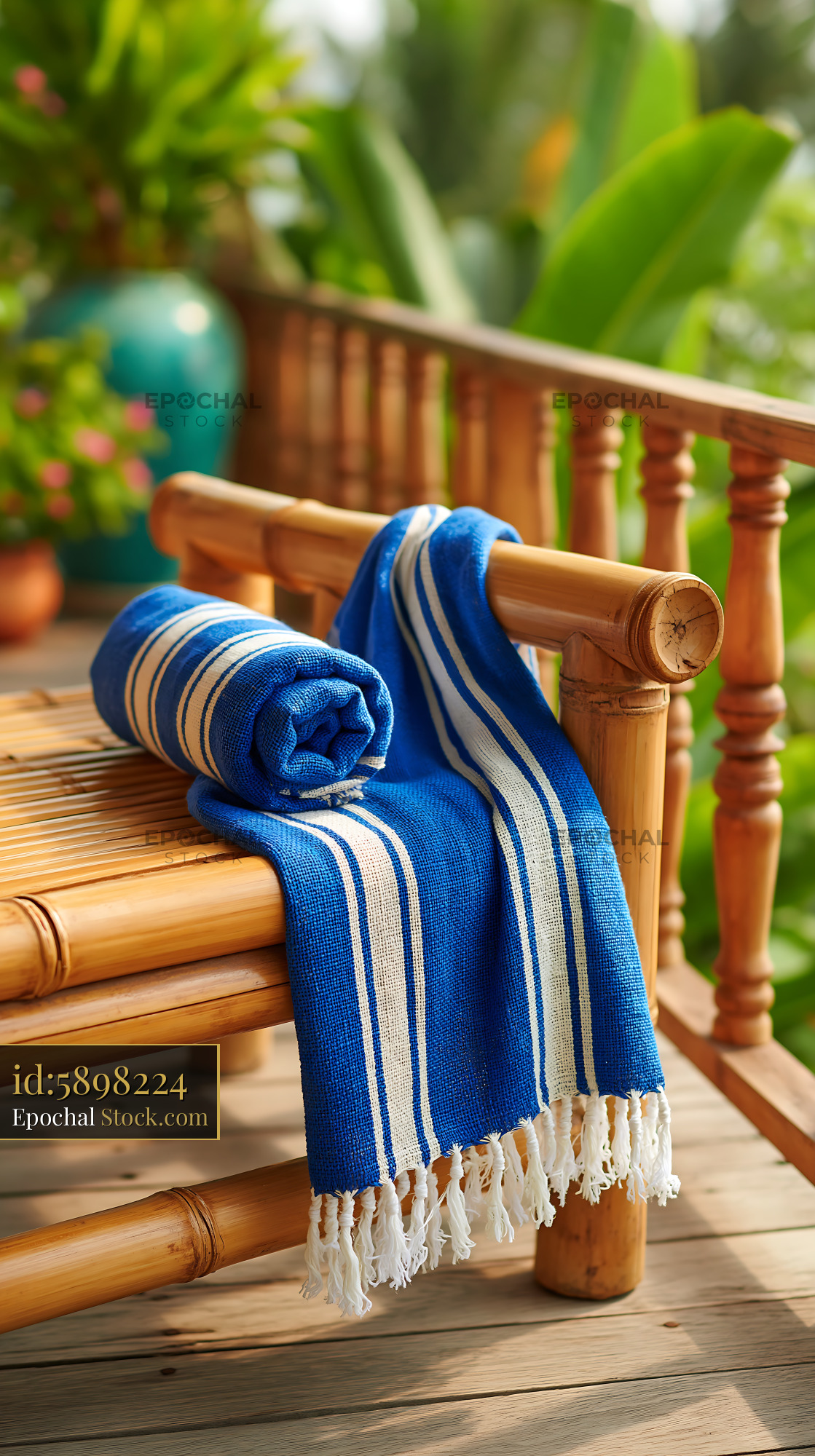 Blue striped towel draped on a bamboo bench on a tropical balcony - stock photo