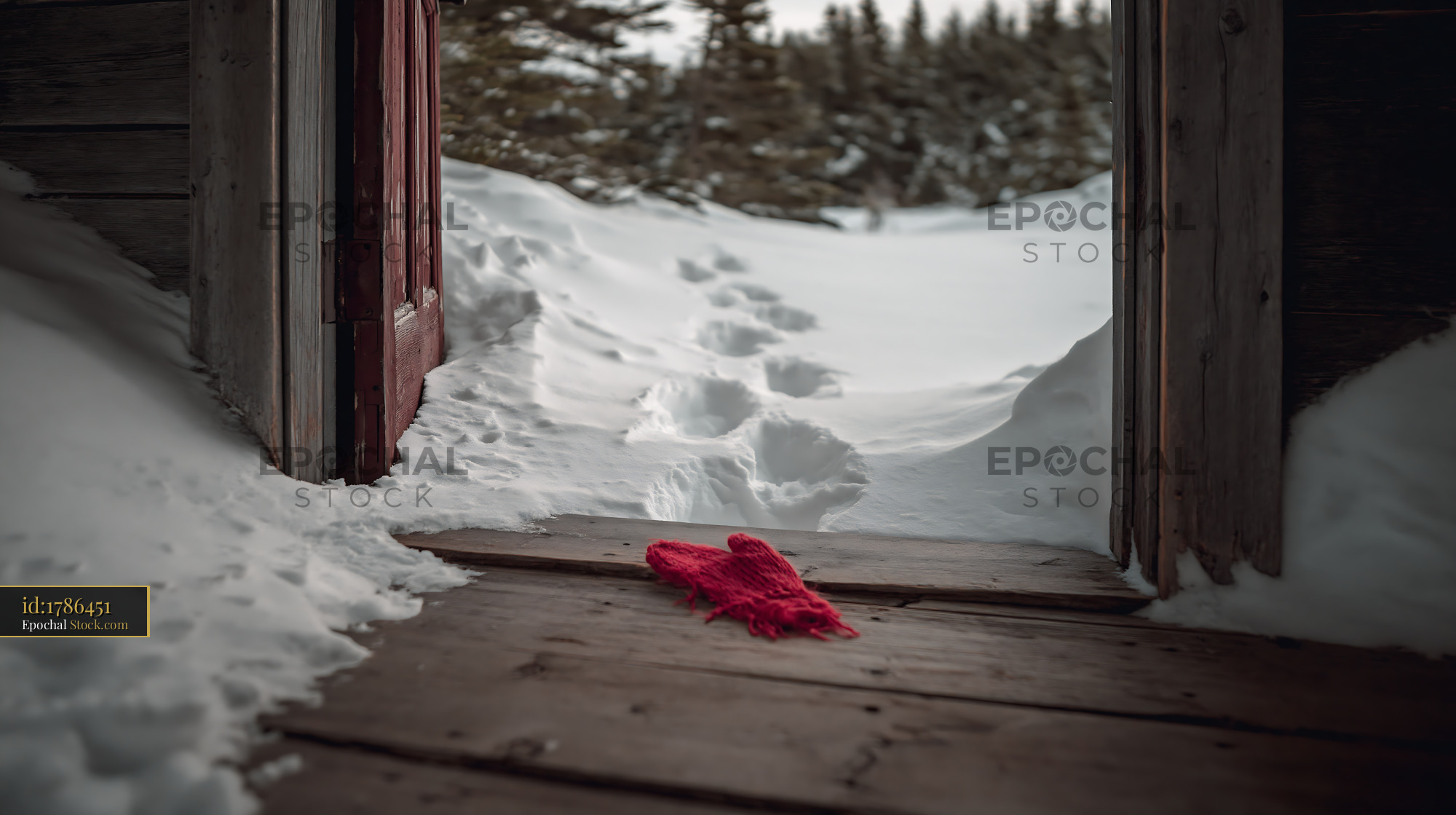 Red mitten on cabin floor with footprints in deep snow leading away - stock photo