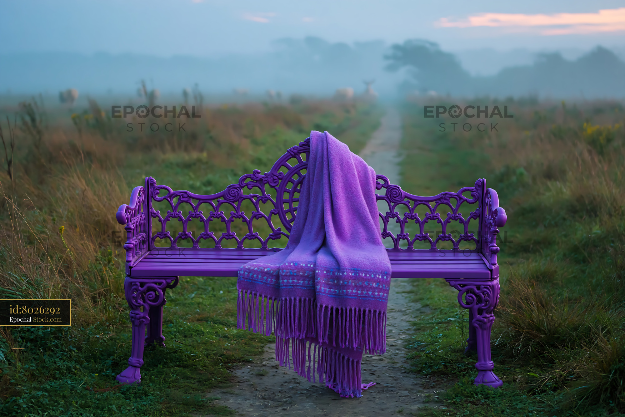 Purple ornate cottage garden bench with blanket in a foggy meadow - stock photo