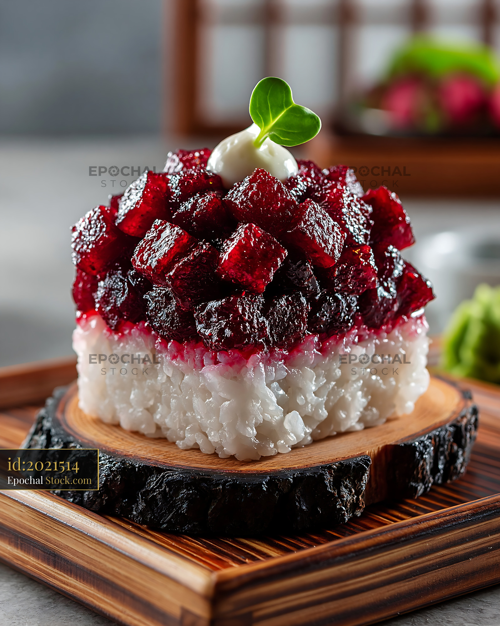Gourmet beet tartare sushi with white rice and microgreen garnish - stock photo