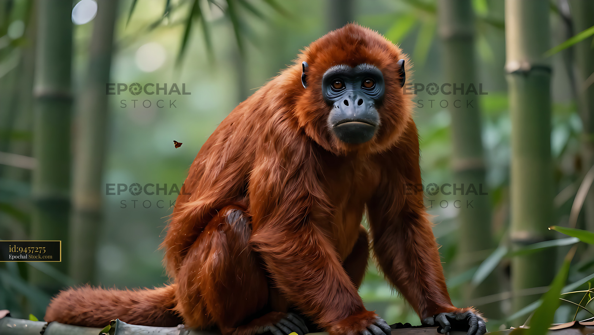 Red bald uakari monkey sitting on a branch in a bamboo forest - stock photo
