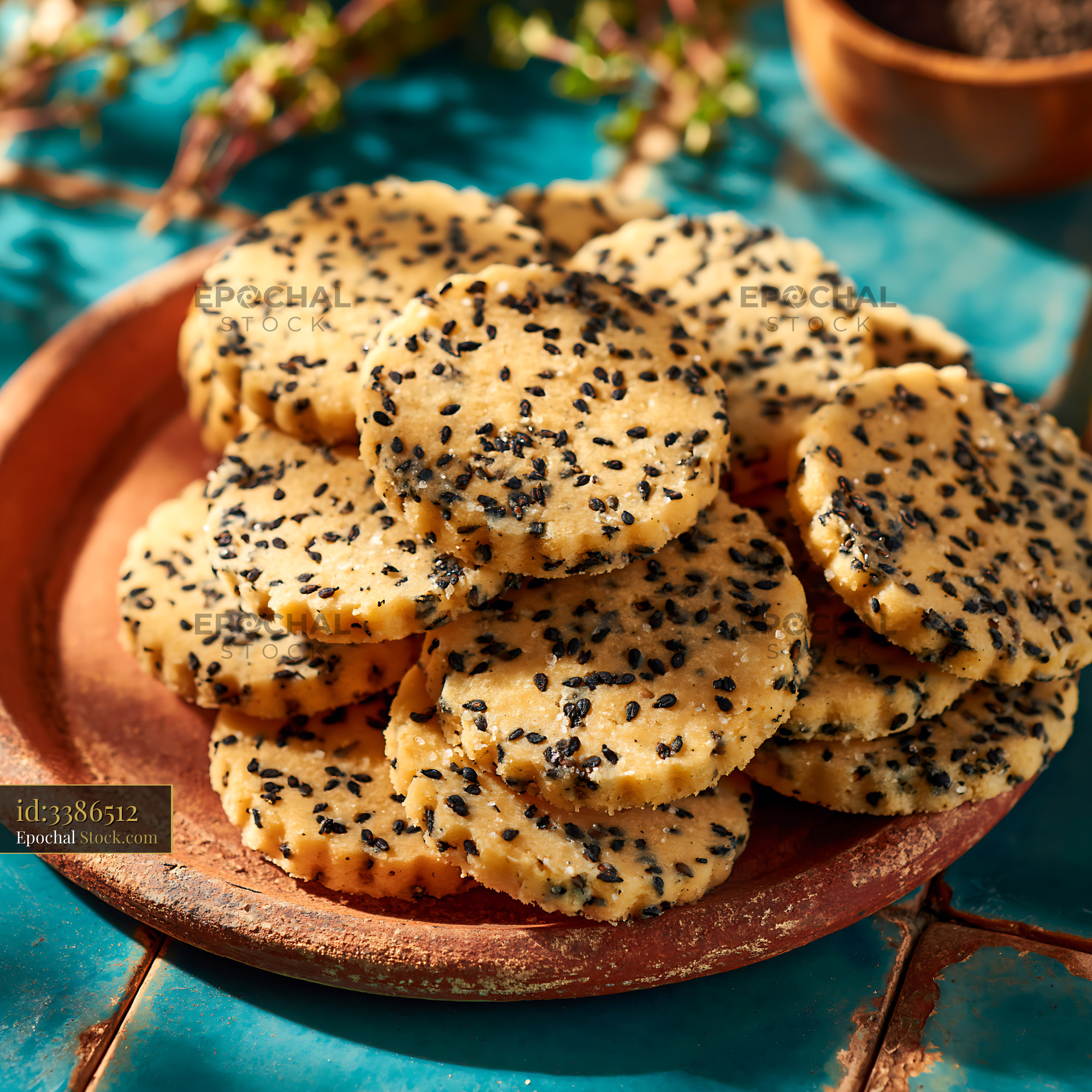 Savory nigella seed biscuits on a rustic clay plate - stock photo