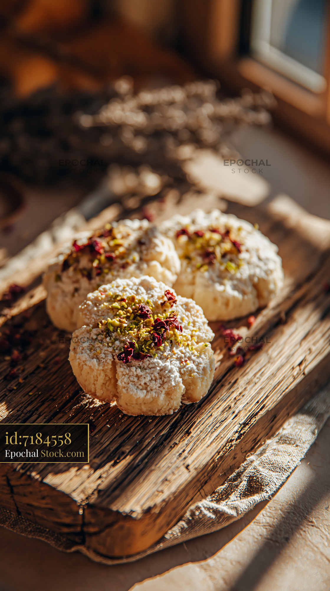 Rose water biscuits with pistachios and rose petals on rustic wood - stock photo