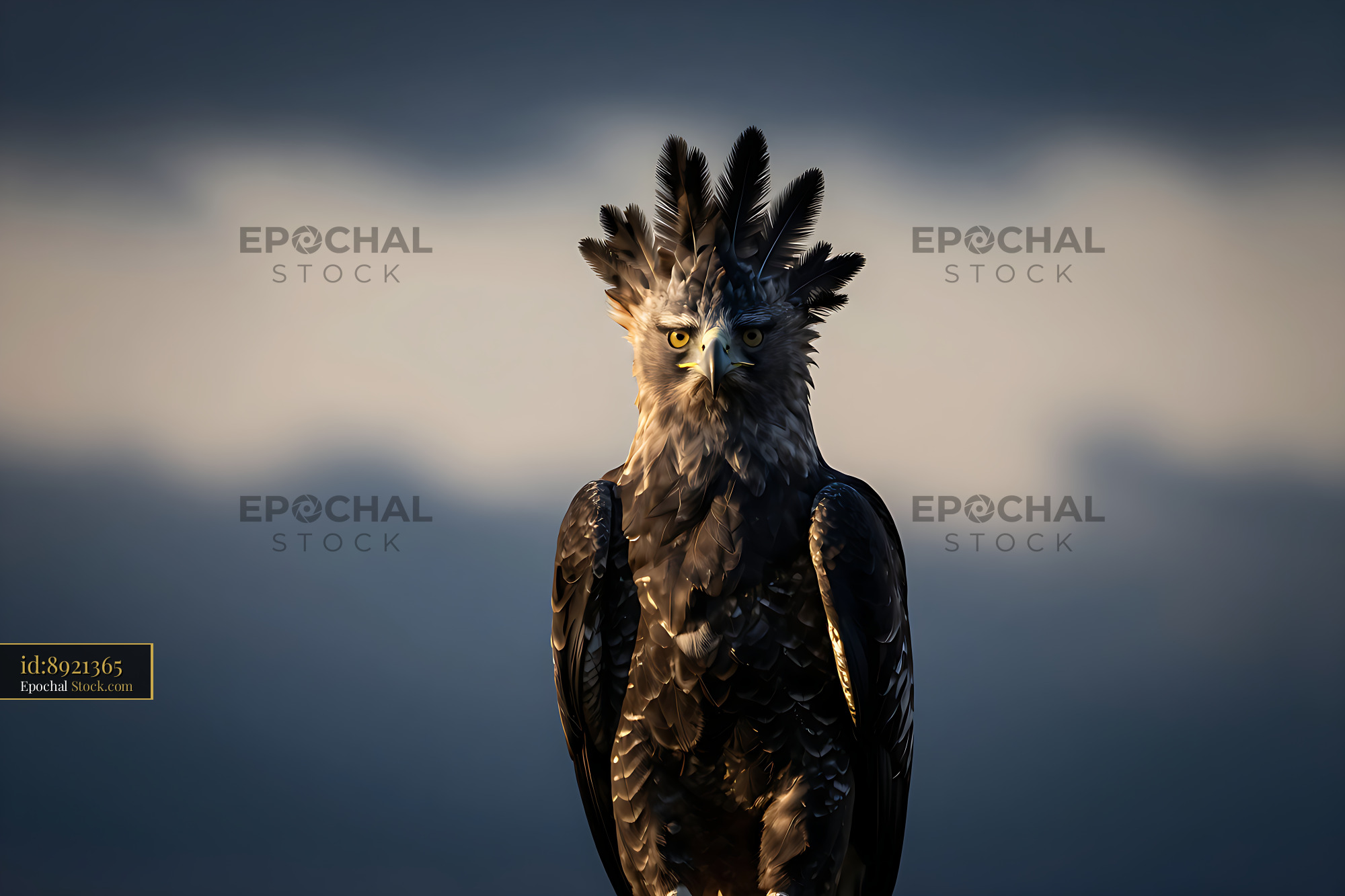 Harpy eagle with majestic feather crest looking at camera during golde - stock photo