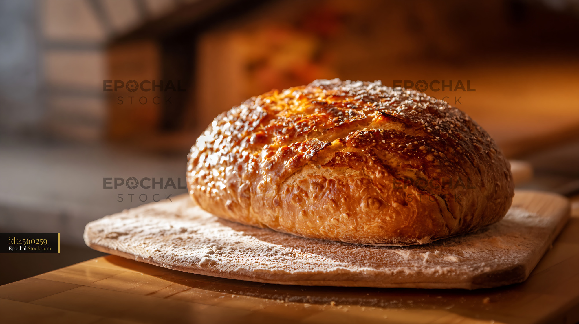 Freshly baked dutch crunch german bread on a floured wooden board - stock photo