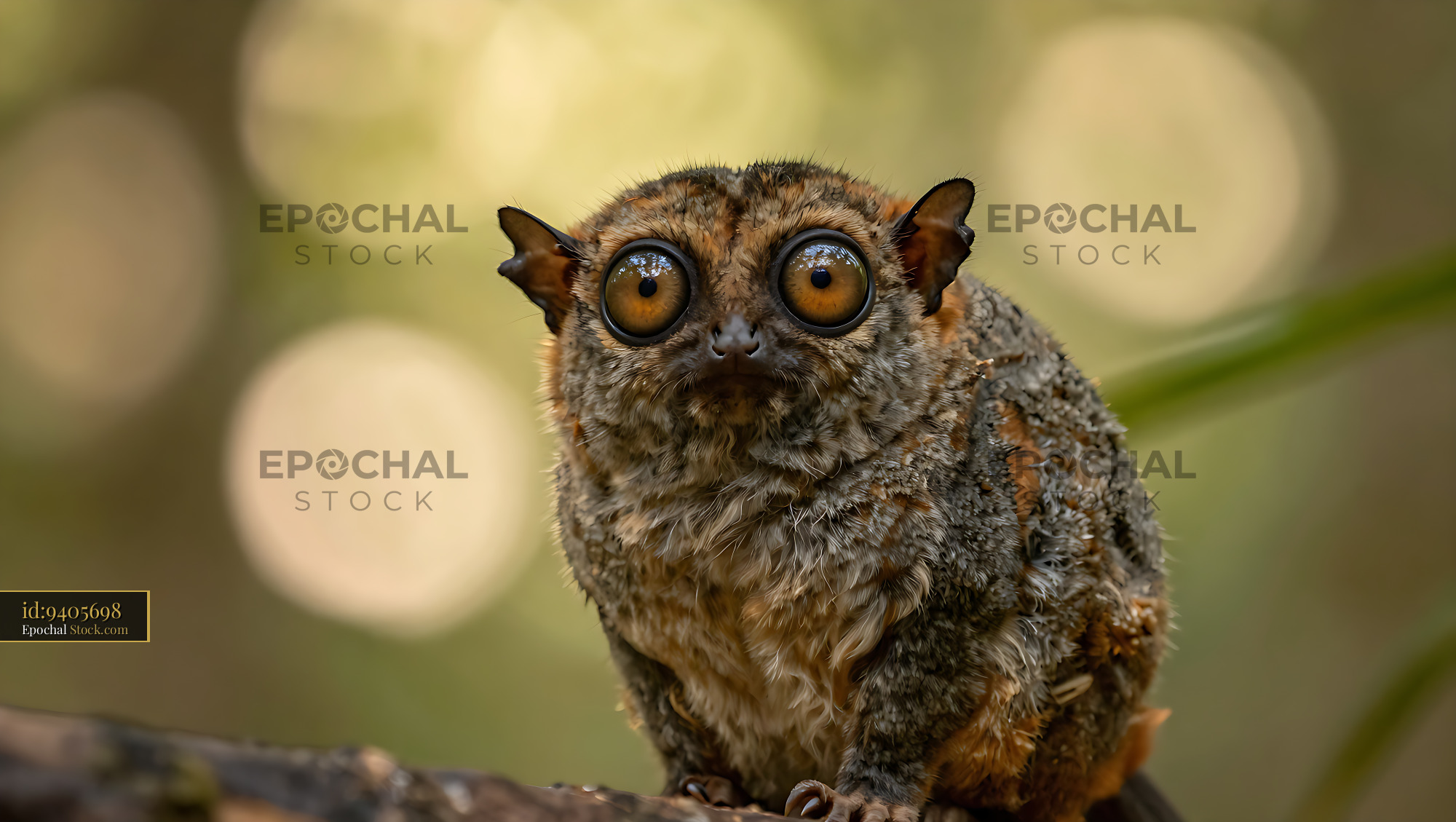 Small tarsier primate with large golden eyes on a tree branch - stock photo