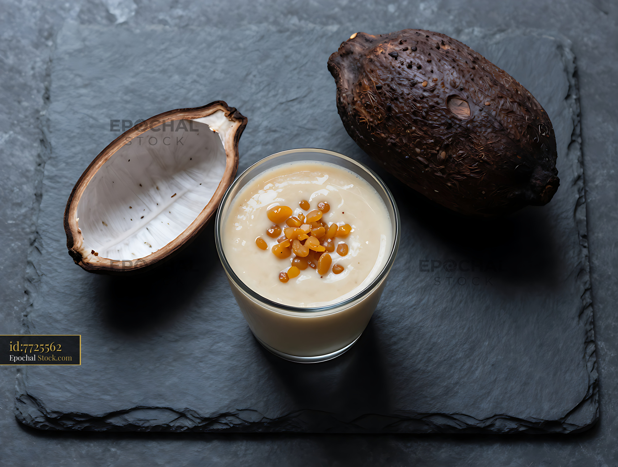 Creamy cupuacu smoothie in a glass with dried fruit pods on dark stone - stock photo