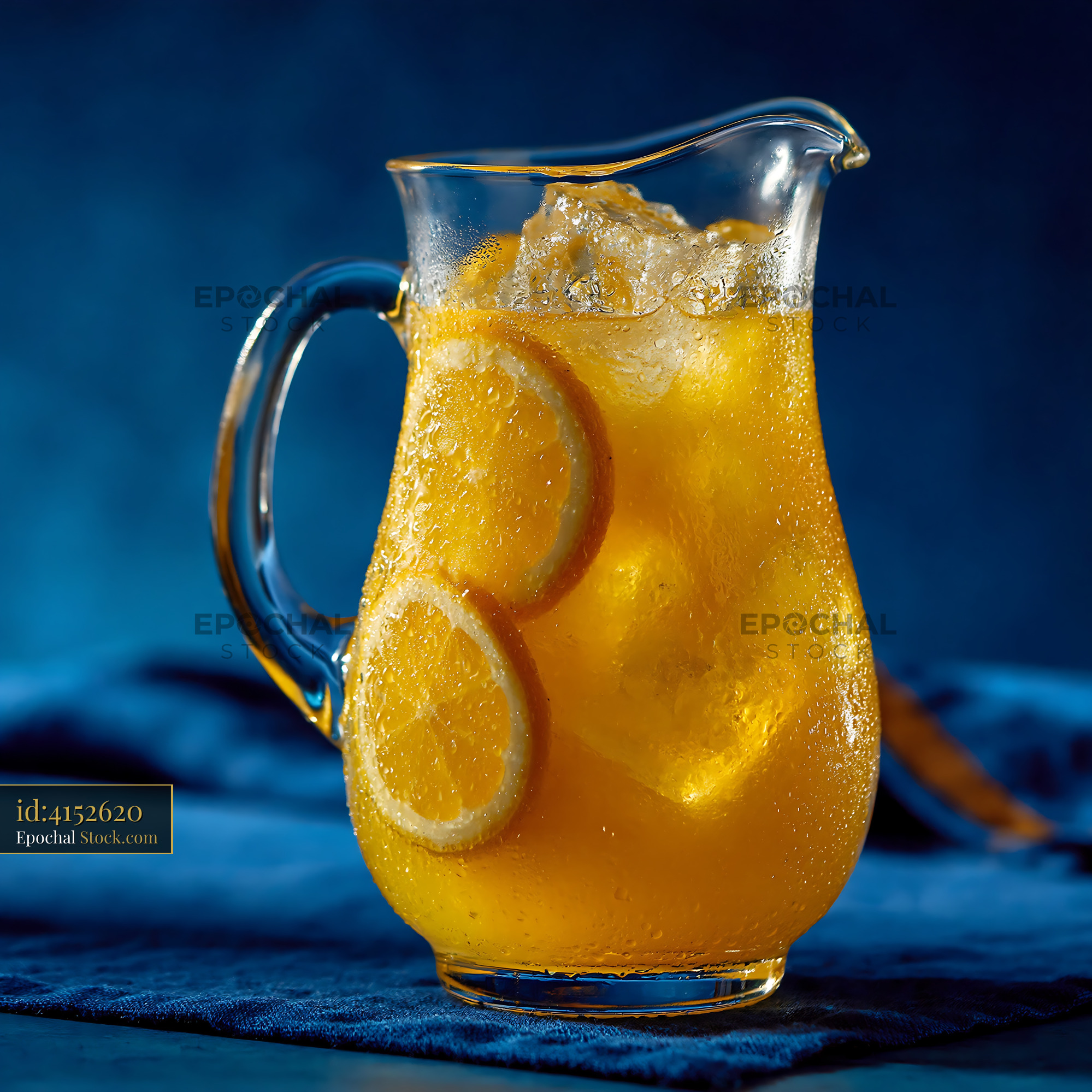 Cold lemonade pitcher with ice cubes and orange slices on blue cloth - stock photo
