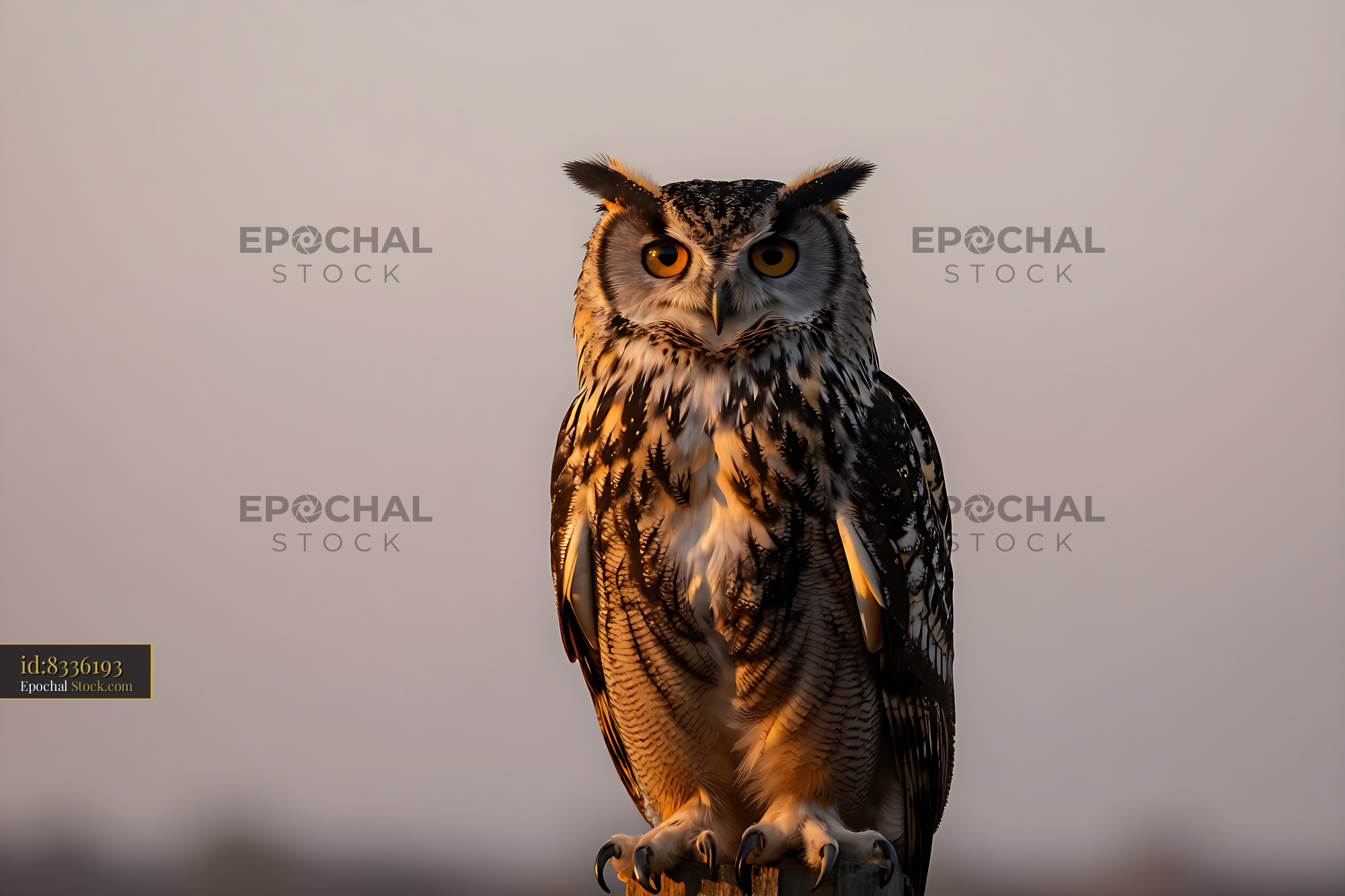 Majestic Eurasian eagle owl perched on a wooden post at sunset - stock photo